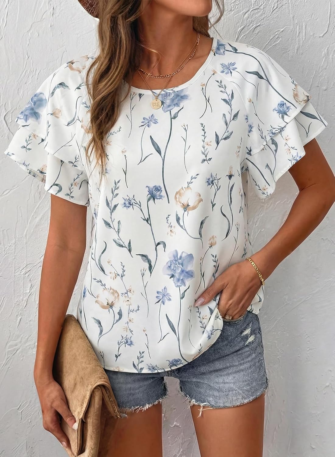 BLENCOT Women Blouses Layered Sleeve Fashion Crewneck Floral Printed Boho Loose Summer Tops - Image 2