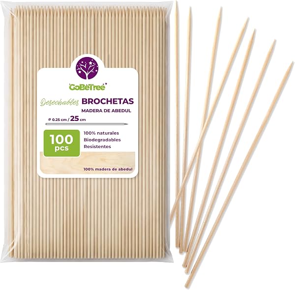 100 Pinchos de Madera de Abedul 25 cm x 2,5 mm | Palillos Extra Resistentes para Brochetas, Barbacoa, Carne y Frutas | Palos Ecológicos Multiusos para Manualidades - 1