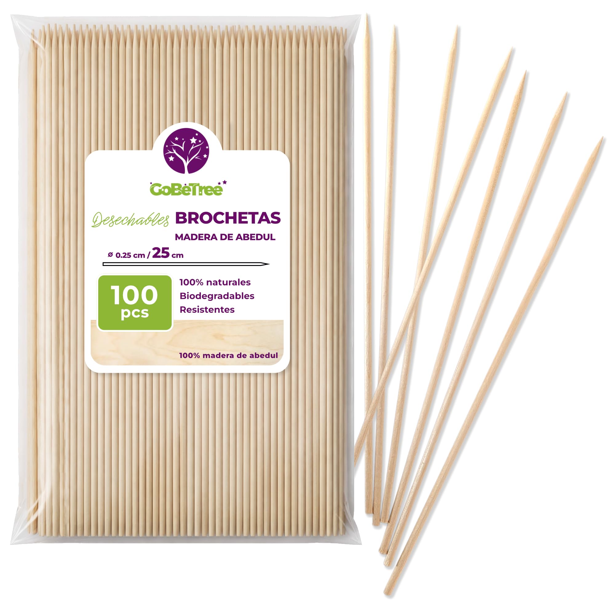 100 Pinchos de Madera de Abedul 25 cm x 2,5 mm | Palillos Extra Resistentes para Brochetas, Barbacoa, Carne y Frutas | Palos Ecológicos Multiusos para Manualidades