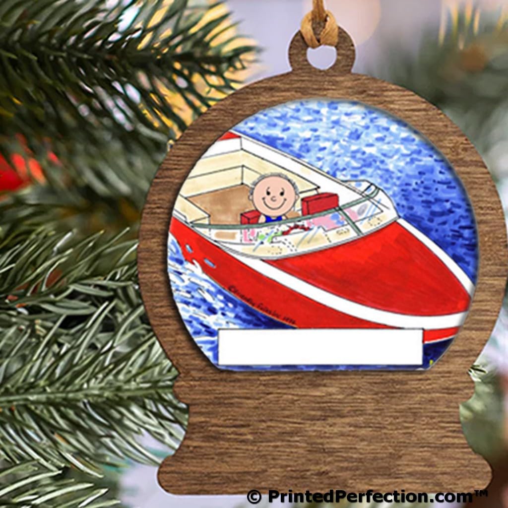 PrintedPerfection.com Personalized Powerboat - Male Wooden Snow Globe Shaped Christmas Ornament