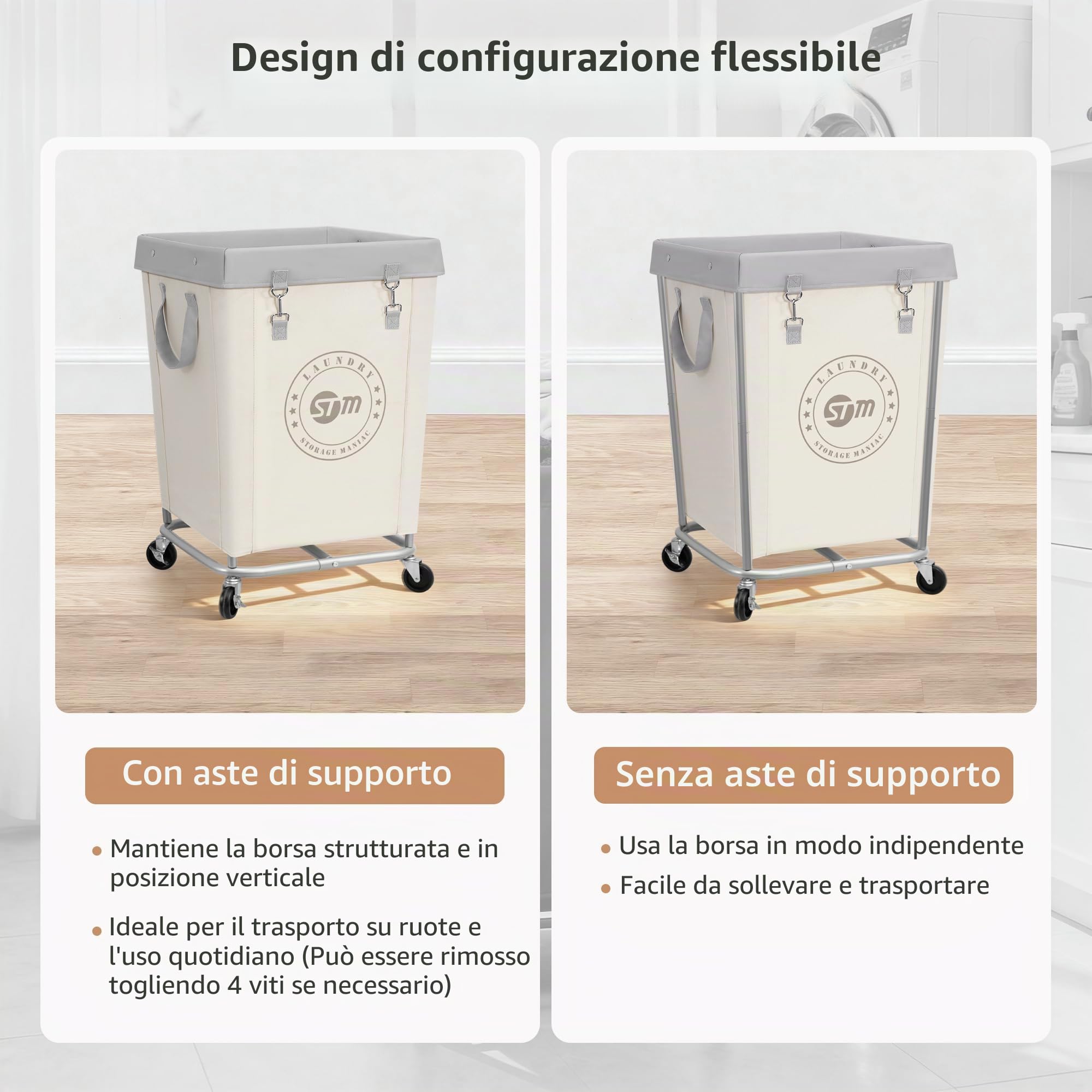 STORAGE MANIAC Cesto portabiancheria commerciale con telaio in acciaio resistente, 160 l, cesto portabiancheria industriale con ruote, per hotel, casa, lavanderia, 45 x 45 x 70 cm, beige medio
