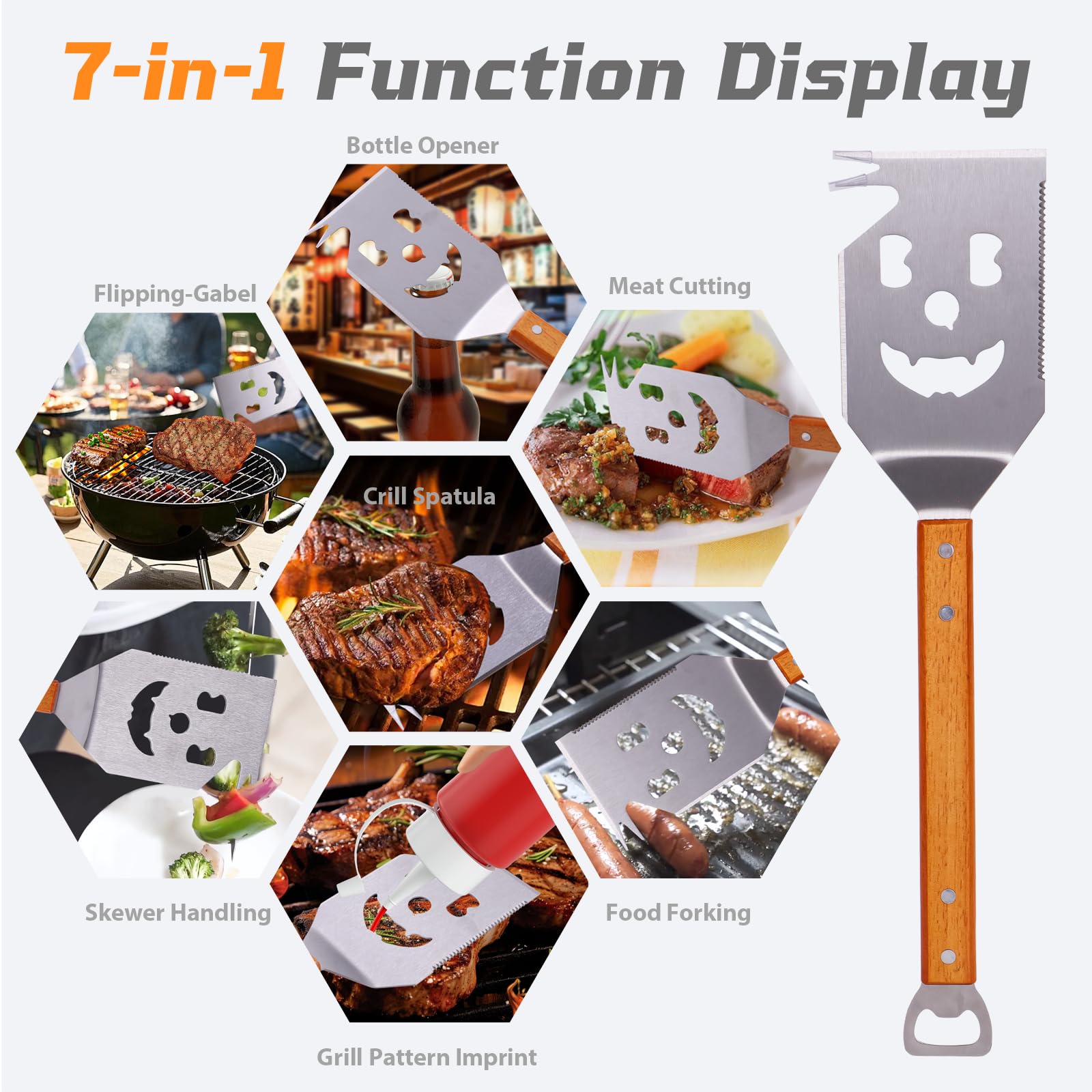 7-in-1 BBQ Grillspatel – Multifunktionales Grillwerkzeug für BBQ & Camping, Edelstahl Grill Utensilien Set mit Flaschenöffner, ideal als Grill Geschenk für Männer, Papa oder Freund