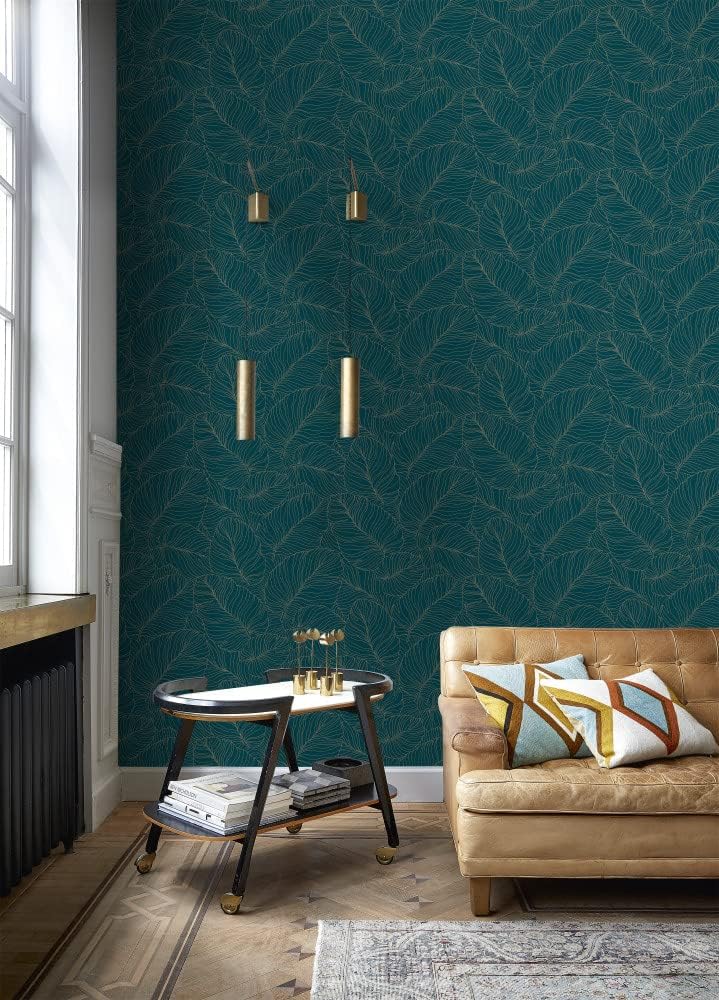 Grandeco Isa Banana Leaf Wallpaper - Modern Wallpaper for Living Room, Bedroom, Fireplace - Decorative Luxury Nature Wall Paper with Banana Leaf Motif (Gold Metallic/Deep Teal)