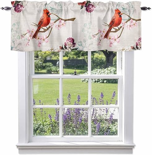 T&H XHome Cenefas para ventanas, diseño floral y de pájaro en ramas, diseño de sello retro, con bolsillo para barra, cenefa de cortina para cocina,
