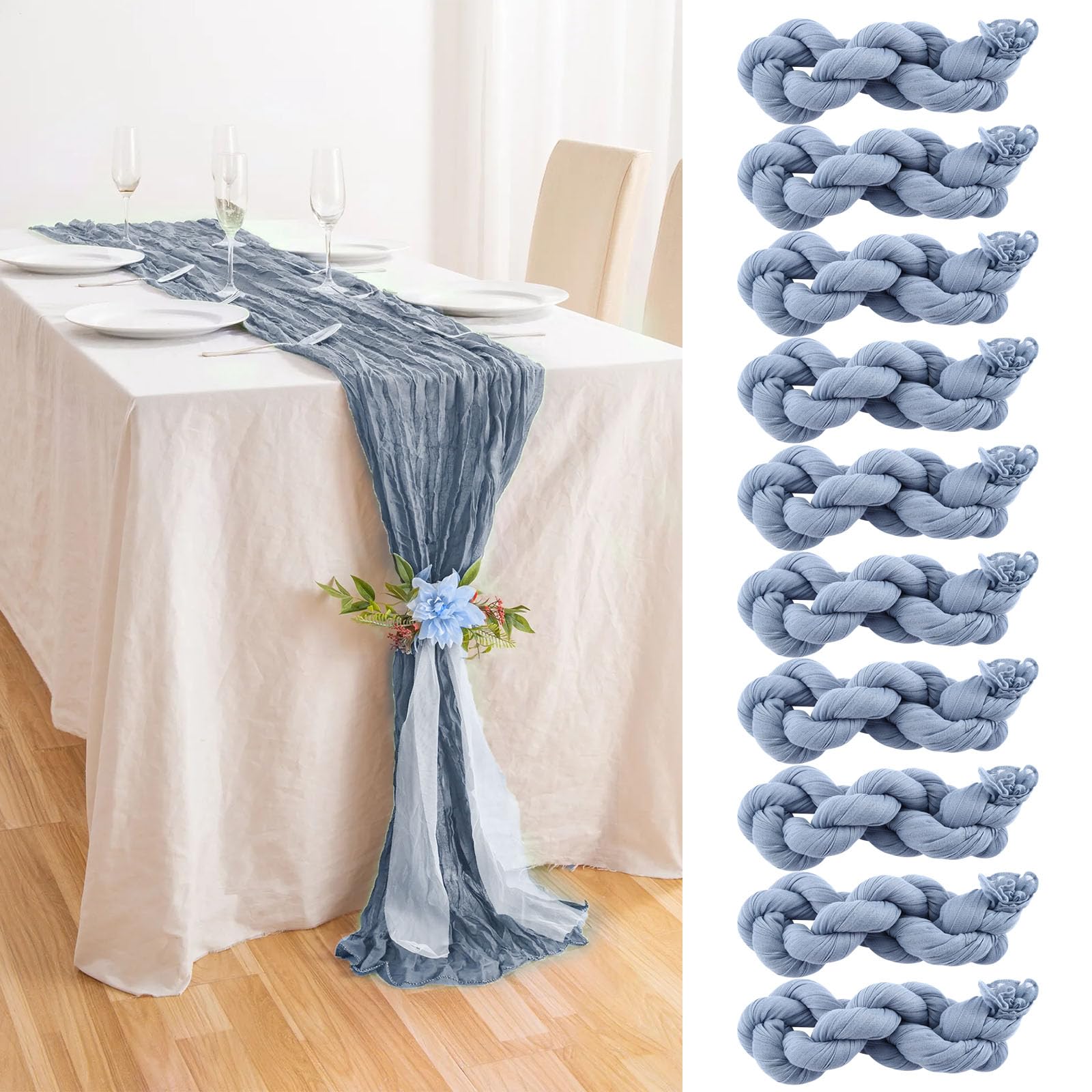 Chemin De Table En Gaze Bleu 90x400cm | Style Boho Rustique | Mousseline Soie | Pour Mariage/Baptême/Décoration