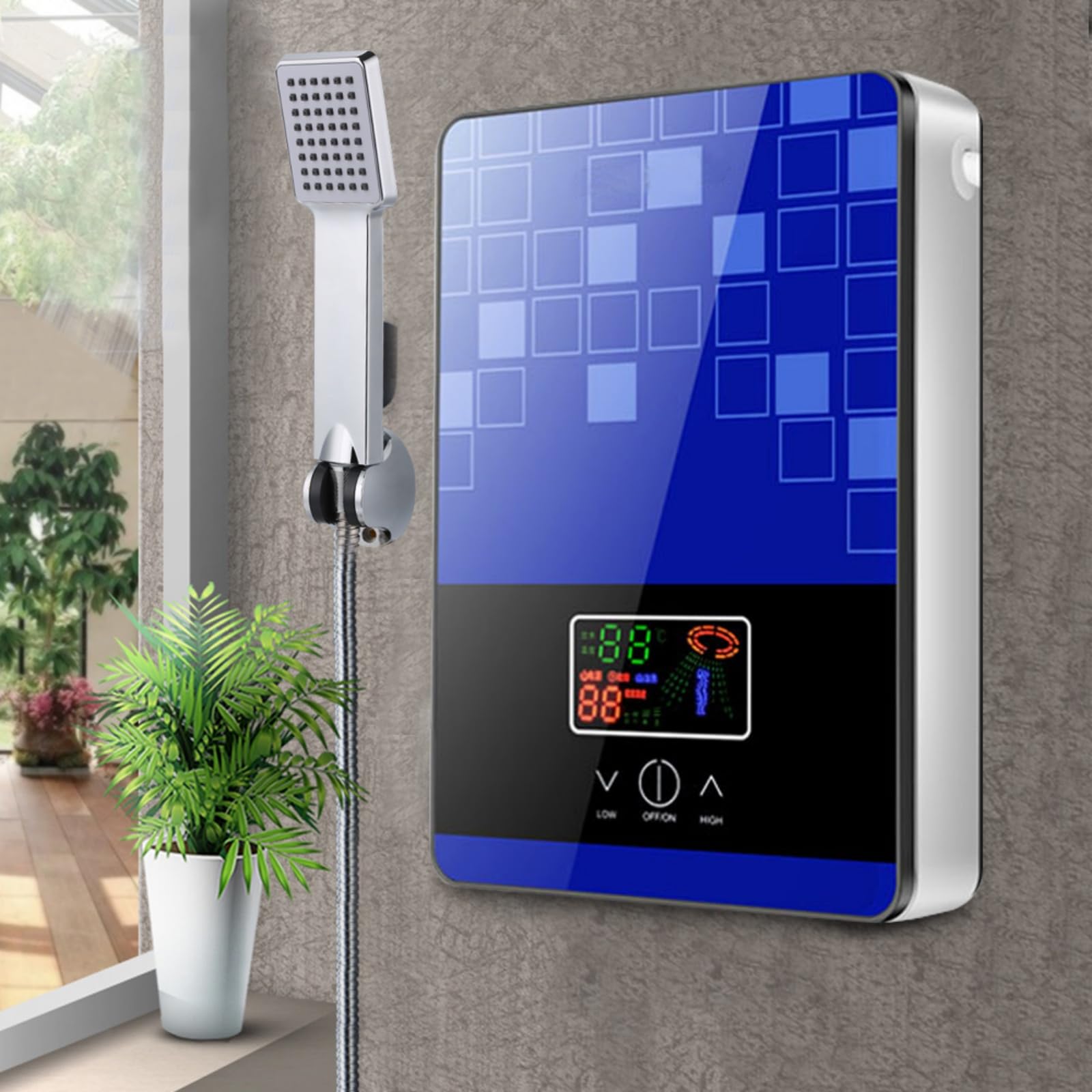 4500W Digital Elektrisch Durchlauferhitzer Tankless Bad Dusche Warmwasser, geeignet für Badezimmer, Friseursalons, Hotels, Schönheitssalons, Schulen, Krankenhäuser, 18.6 * 5.7 * 27.7cm (Blau)