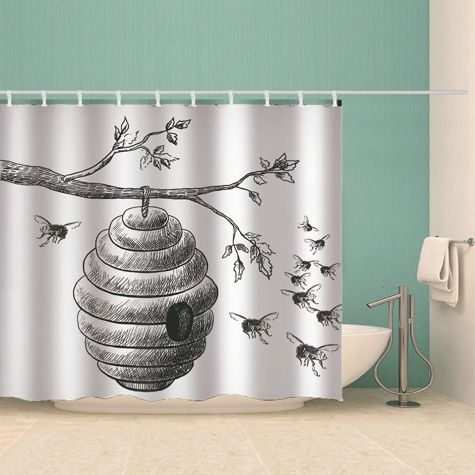 Zasłonki prysznicowe z oczkami łazienka, wzór plastra miodu na drzewie zasłona łazienkowa z haczykami, poliester, 180 x 200 cm, biała