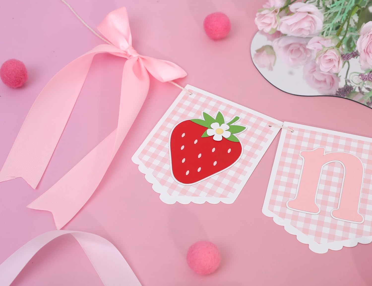 One Sweet Berry High Chair Banner - Strawberry 1st Birthday Party Decorations,Strawberry Banner with Pink Bow,First Berry Birthday Highchair Garland,Fruit Party Cake Smash Photo Props (One Sweet Berry)