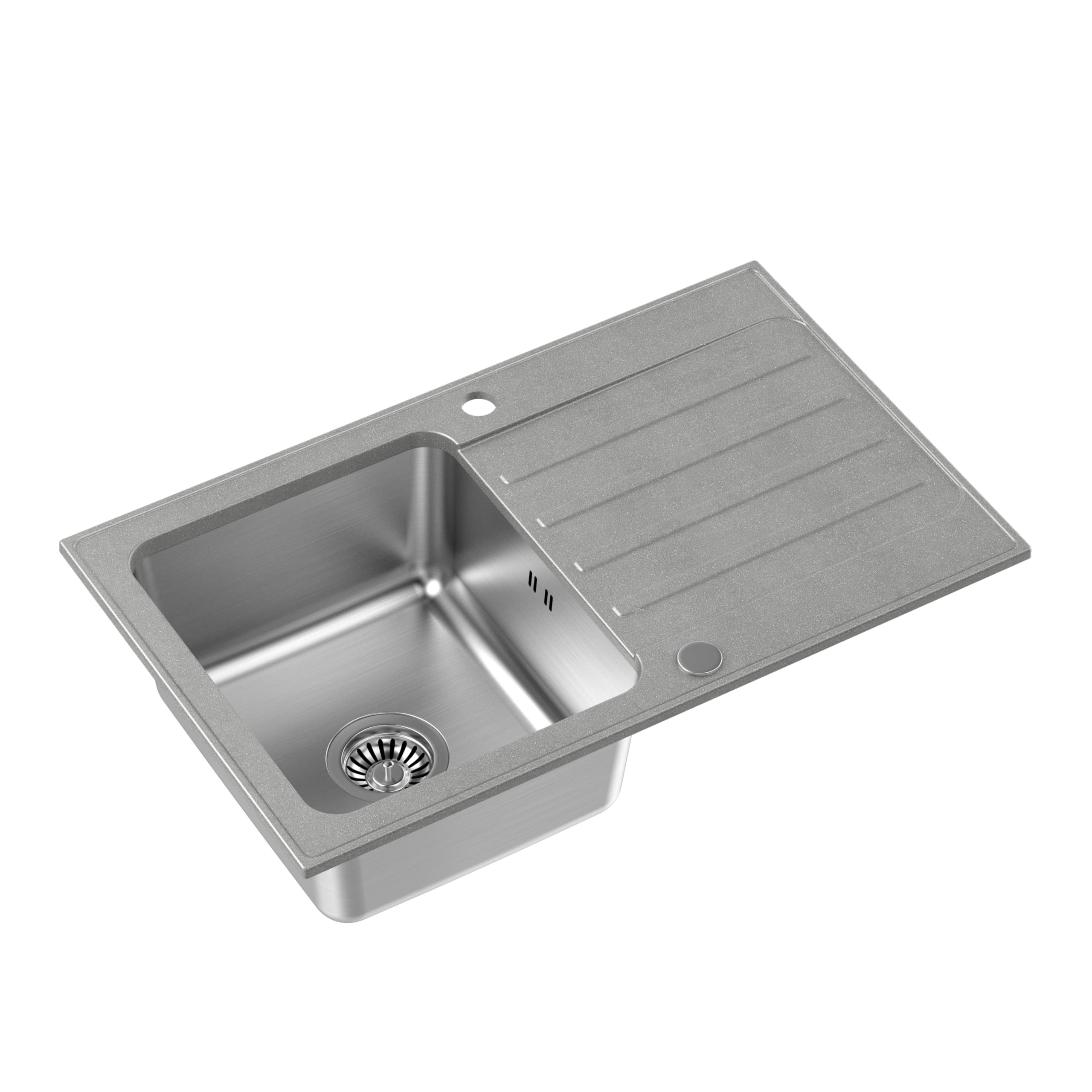 QUADRON Kenneth 111 Evier de cuisine en acier inoxydable gris - Dimensions : 78 x 48 cm - Avec chambre en acier - Granit et acier inoxydable - Avec siphon et bouchon à vis - Avec égouttoir