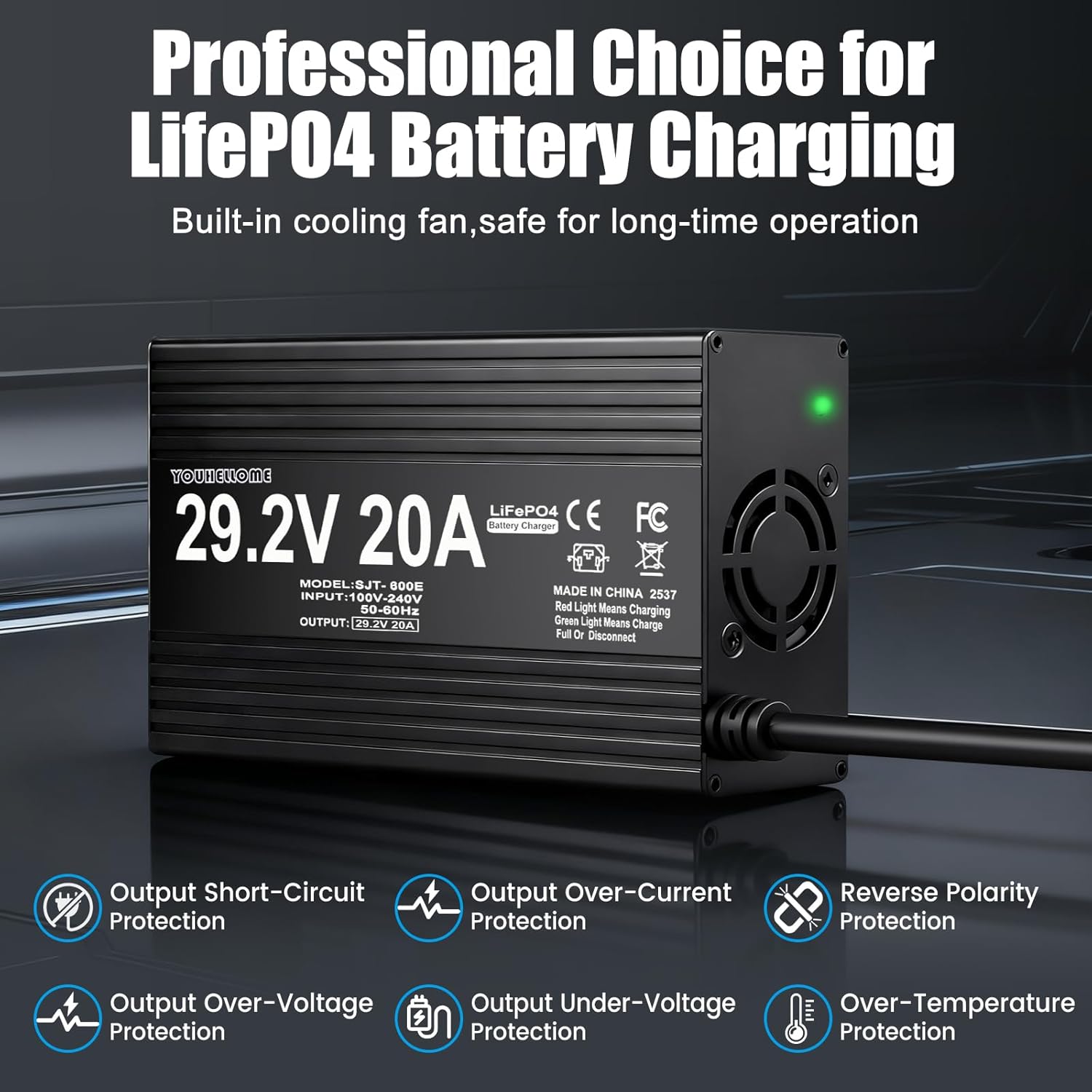 29.2V 20A LiFePO4 Lithium Battery Charger, Fast Charging AC-DC Battery Charger, Designed for 24 Volt LiFePO4 Iron Phosphate Battery, with Anderson Plug, LED Indicator and 4 Protection Functions