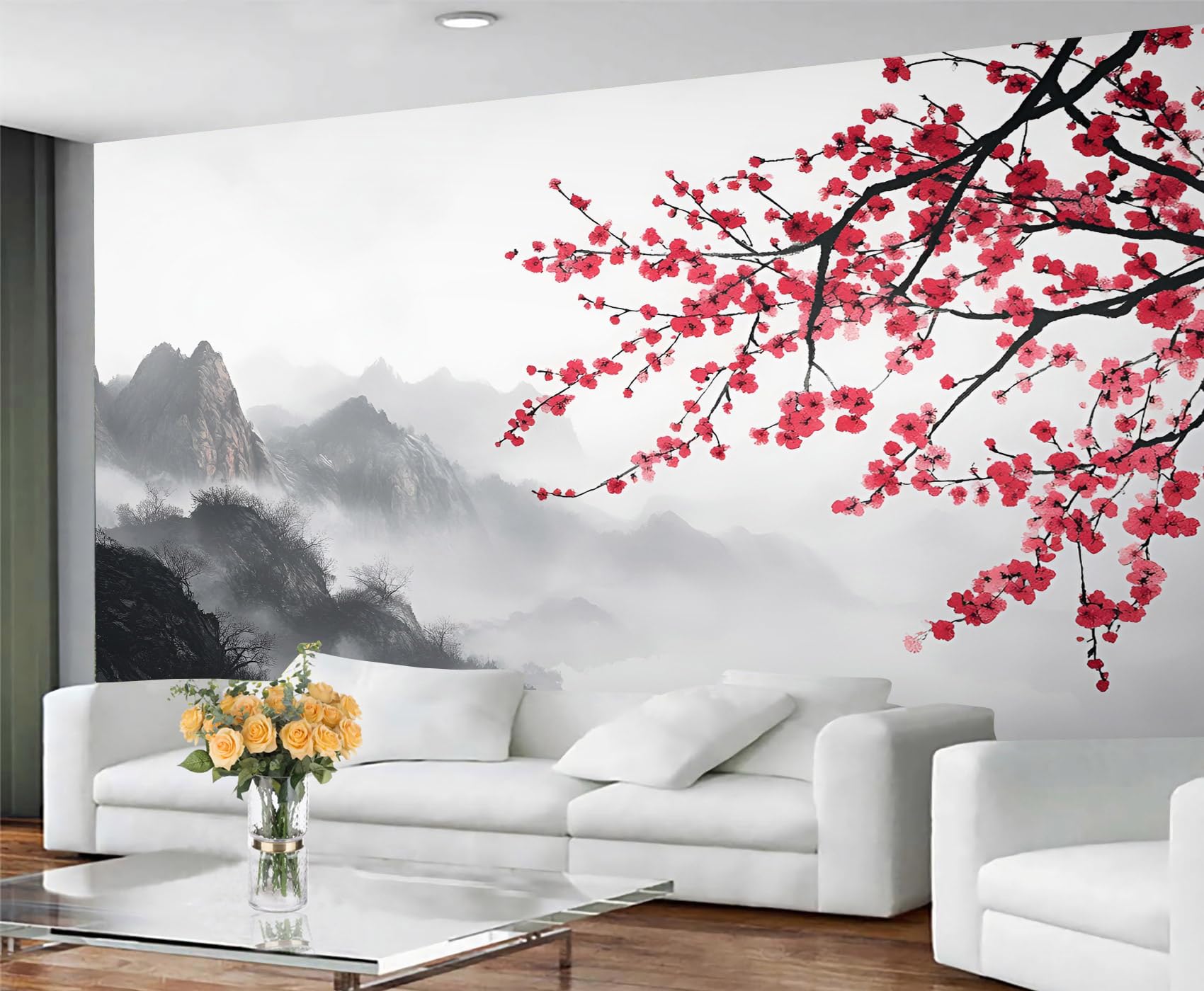 Papier peint japonais floral rouge rétro pour chambre