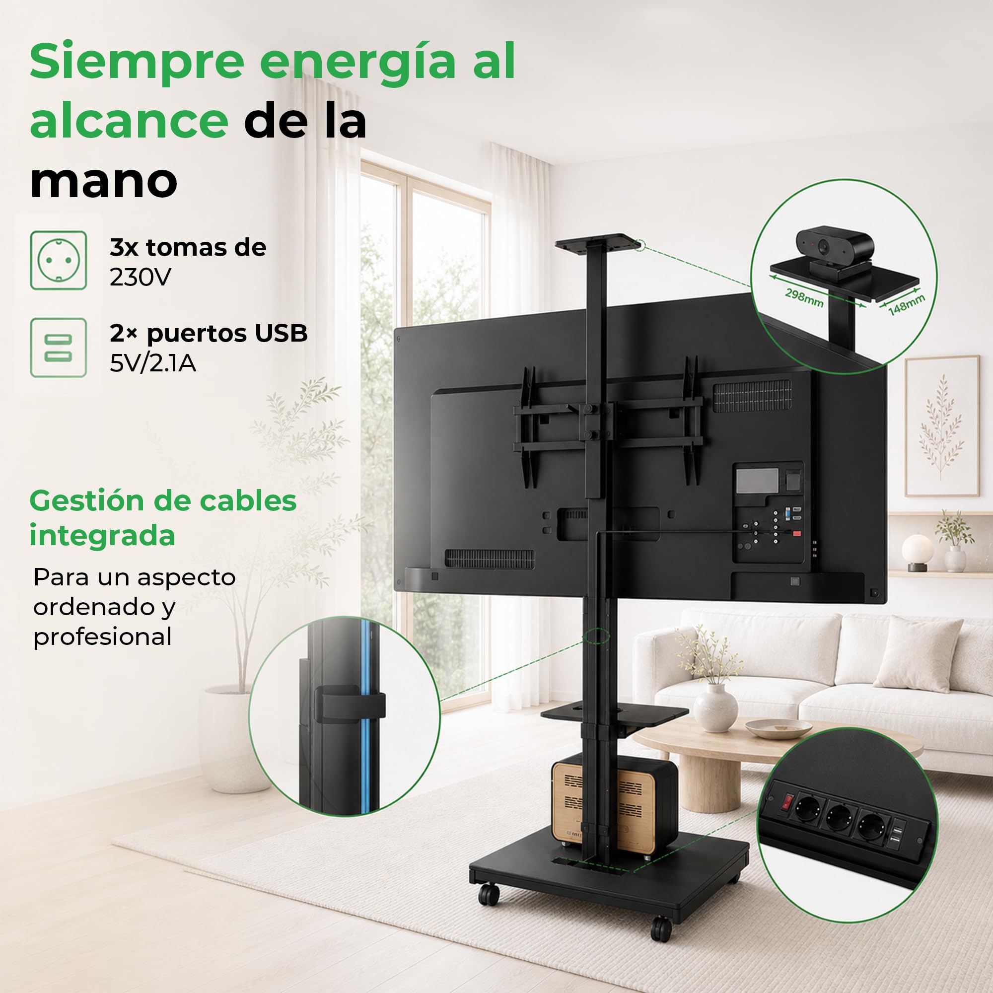 Elite Soporte de TV móvil y Regulable en Altura para 40-86 Pulgadas y máx. 60 kg, Soporte inclinable hasta máx. VESA 600x400, con estantes y Enchufe, Blanco, Manual