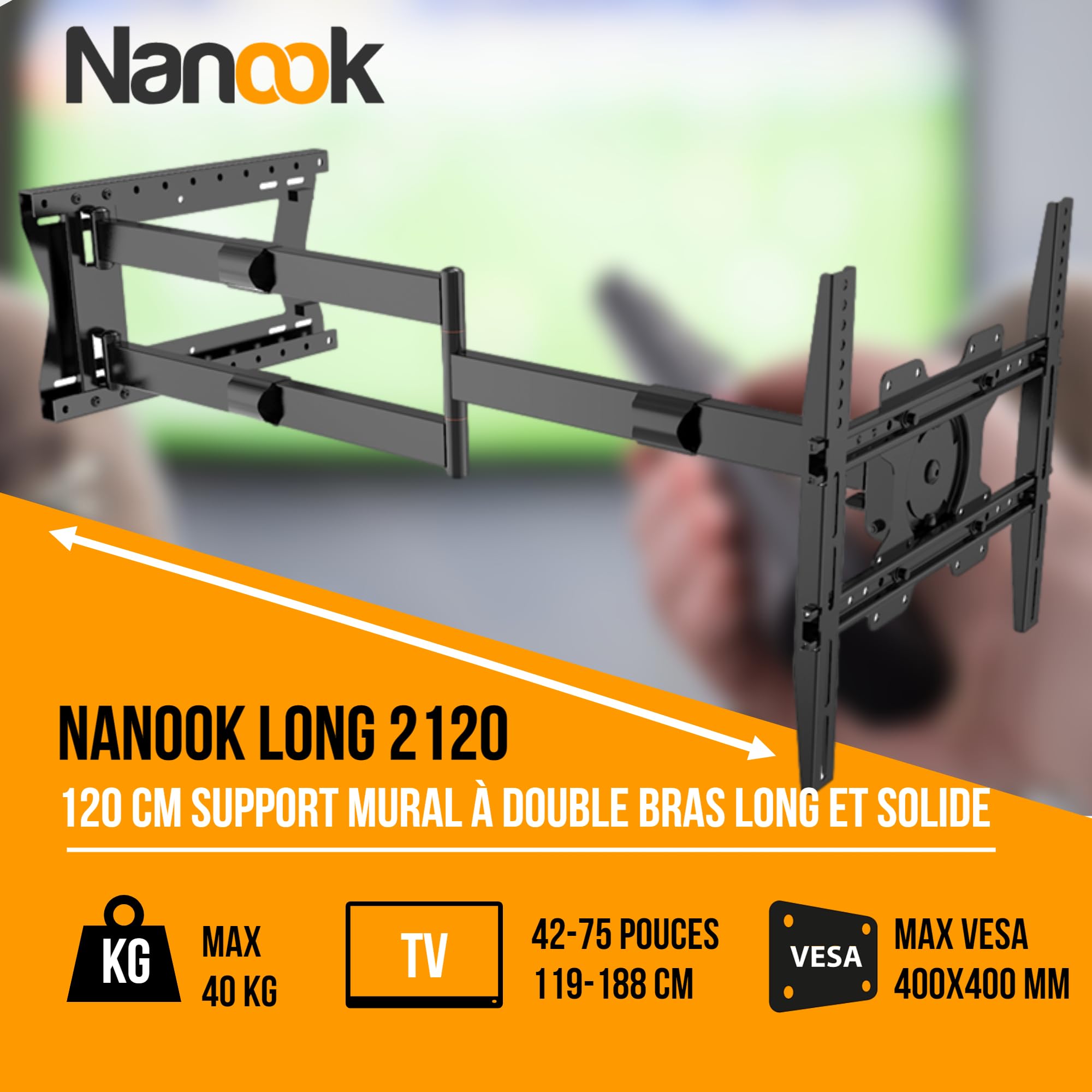 Nanook Support Mural TV 2120 à Bras Long pour téléviseurs 42-75 Pouces, Extension Extra Longue jusqu'à 120 cm, Support TV Robuste orientable - Noir - 40 kg
