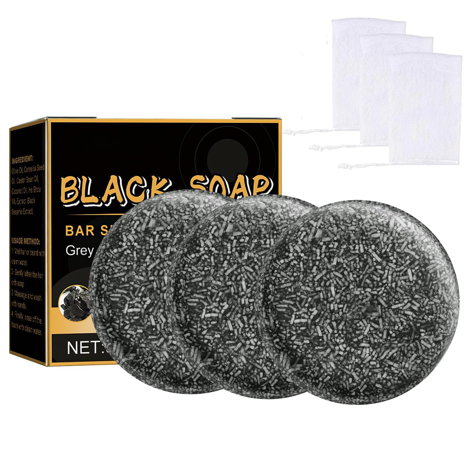 Gray Hair Reverse Bar,Black Soap for Gray Hair Coverage,Natural Hair Darkening Shampoo Bar,Fast Natural Black Hairs Shampoo BarSoap,Deep Clean & Scalp Care for Men Women(3Pcs)