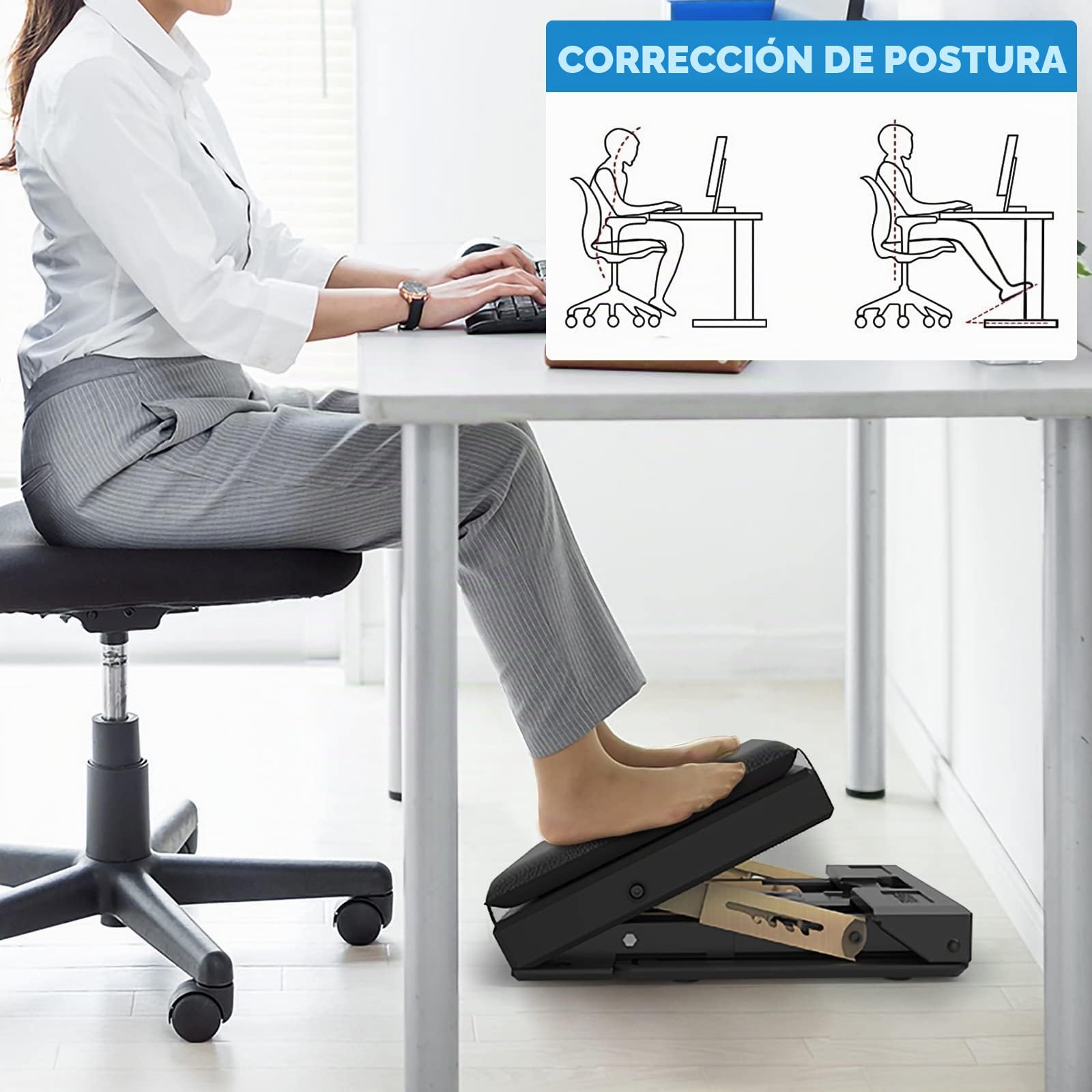 Reposapies de Oficina, Reposa pies Trabajo Oficina con Altura Regulable, Reposa pies Escritorio Ergonómico con Cojín Suave, Función de Masaje, Carga de 55kg, Adecuado para el Hogar, la Oficina