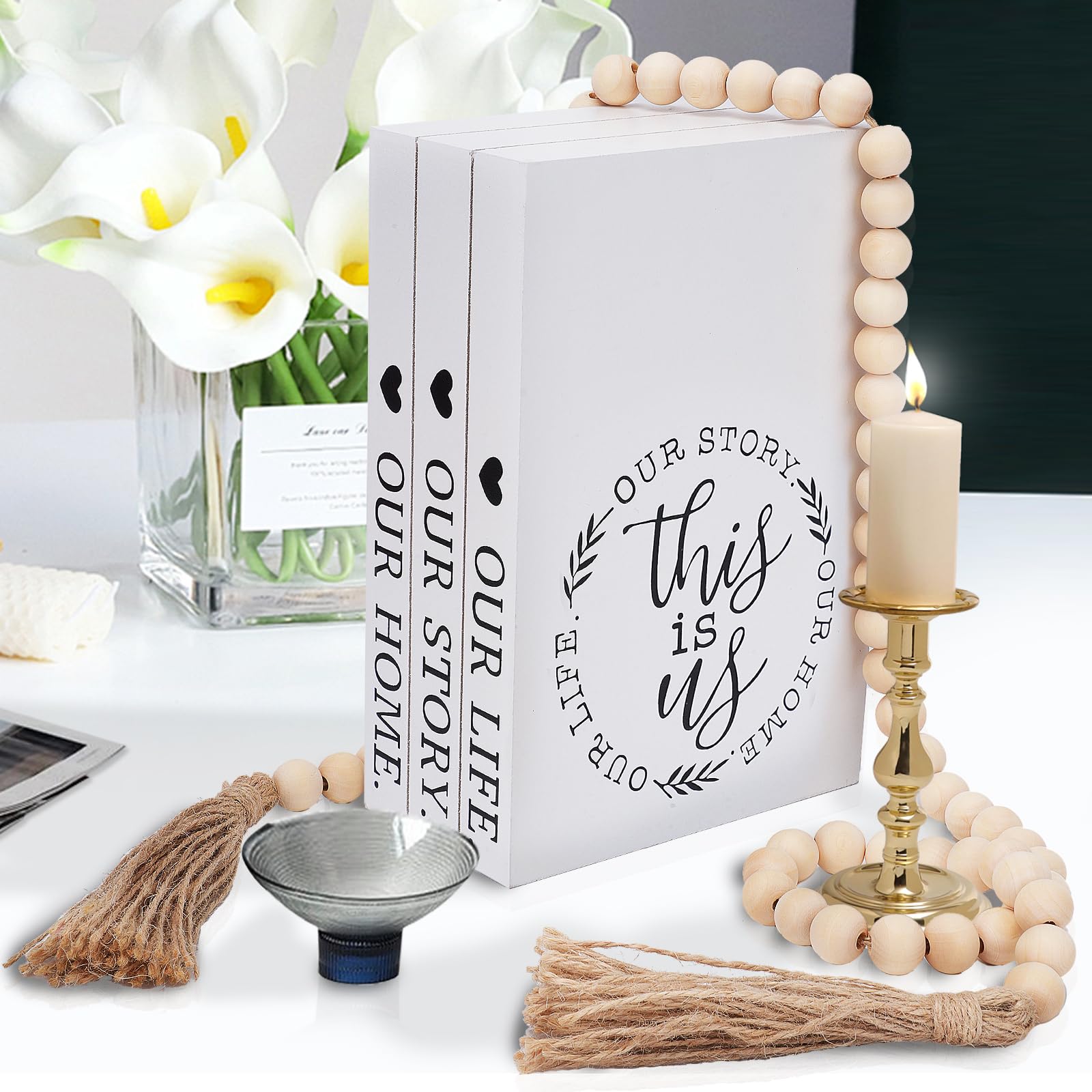 Decorative Books for Home Decor, Faux Books for Decoration, Rustic Farmhouse Decor, Fake Books with 52in Wood Beads Garland, Book Decor for Living Room Coffee Table (Our Life, Our Story, Our Home)