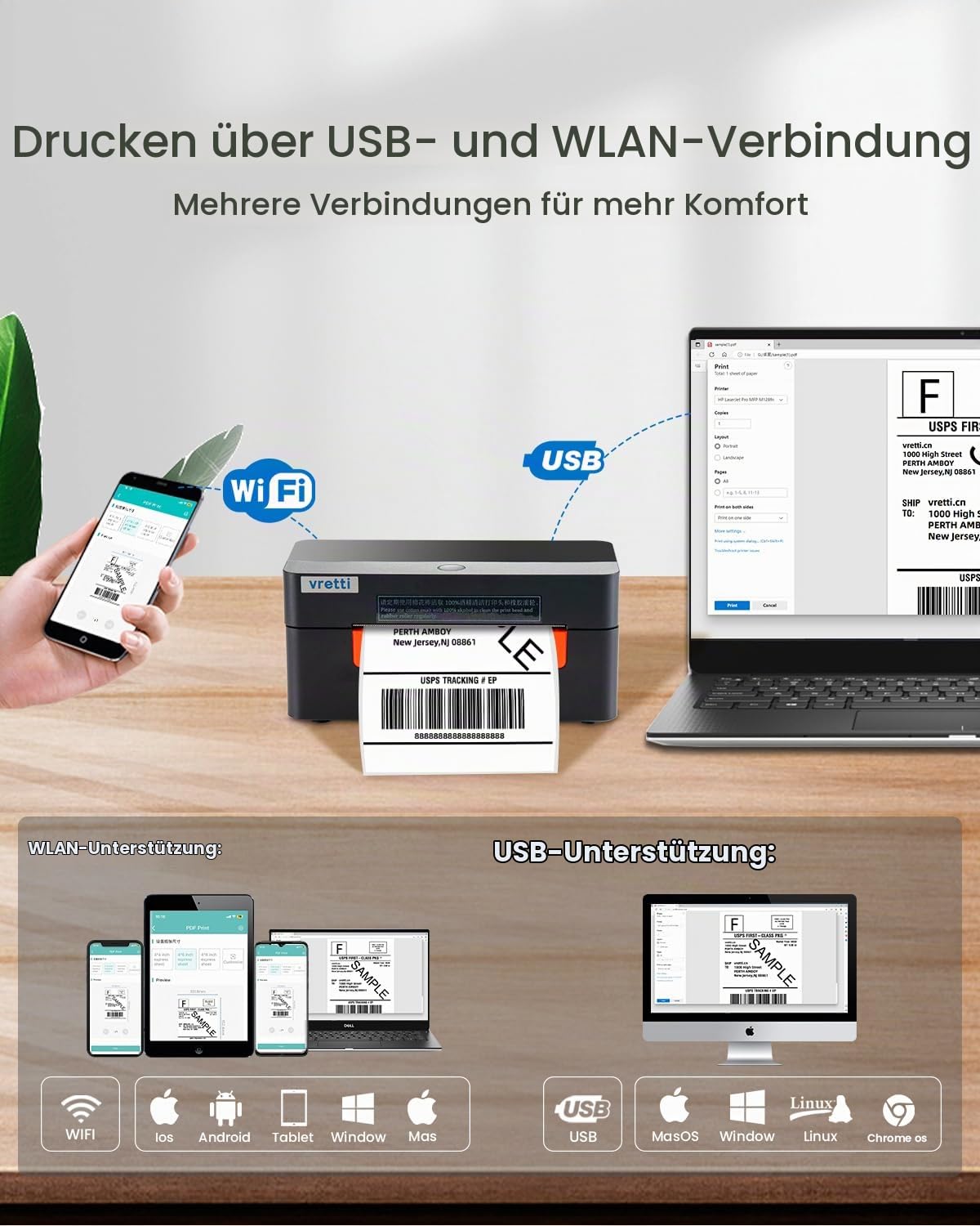 vretti WiFi Etikettendrucker 4x6,WLAN Shipping Label Printer | DHL Versandetiketten 100 x 150 mm,Thermodrucker Labeldrucker für DHL DPD UPS,99,99% Barcode-Scanrate