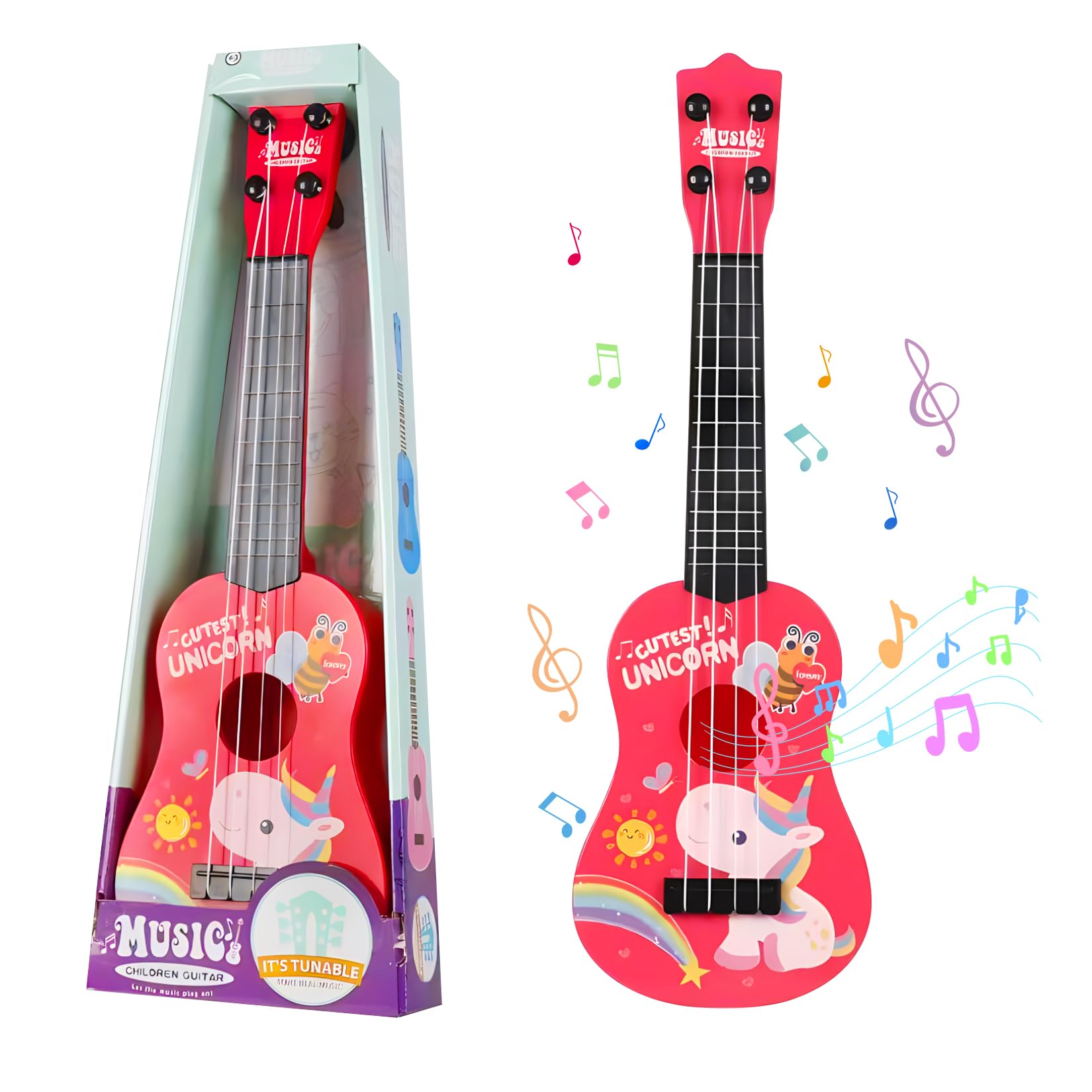 JurciCat 42cm Kindergitarre Mit 4 verstellbaren Saiten Ukulele Gitarre Spielzeug für Kleinkinder Anfänger Jungen Mädchen