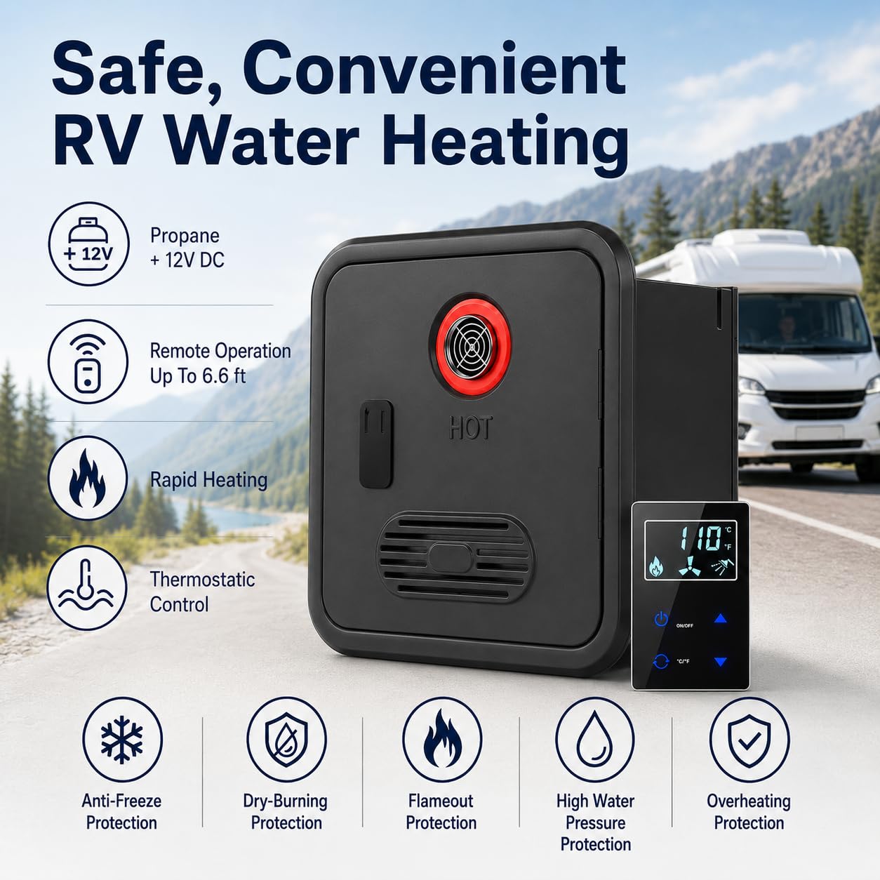 55000 BTU RV Tankless Propan Warmwasserbereiter, 3,9 GPM, 12 V DC | Digitale Temperaturregelung, Fernbedienung und Dual-Wasserauslässe für kompatible Wohnmobil-Installationen
