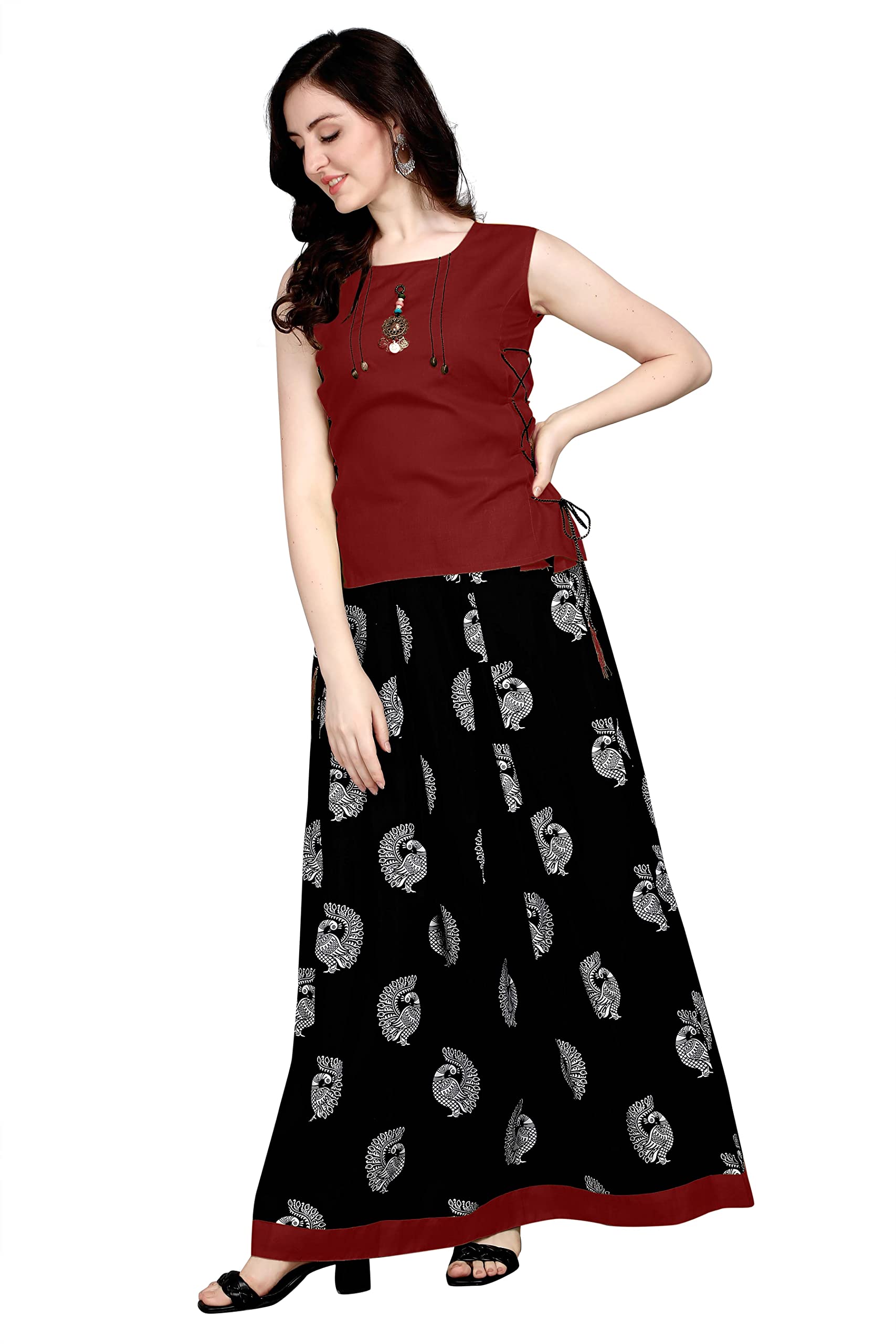 milastru Women's Ethnic Top and Skirt Set, Sleeveless Cotton Solid Top with Crepe Printed Long Skirt-picture-22