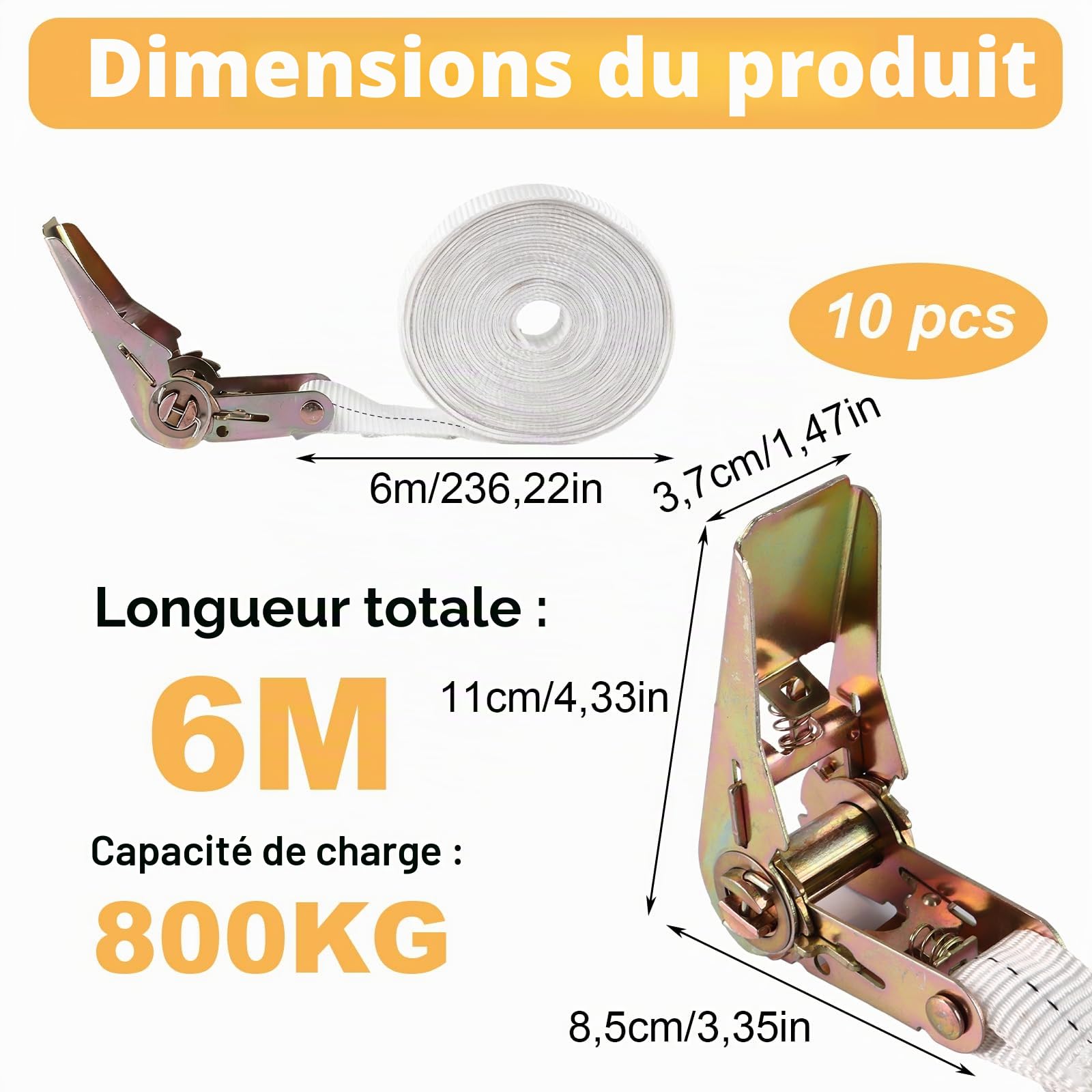 Lot de 10 sangles de serrage à cliquet, 6 m 25 mm, sangle de serrage en polyester, force de traction 800 kg, sangle de serrage blanche