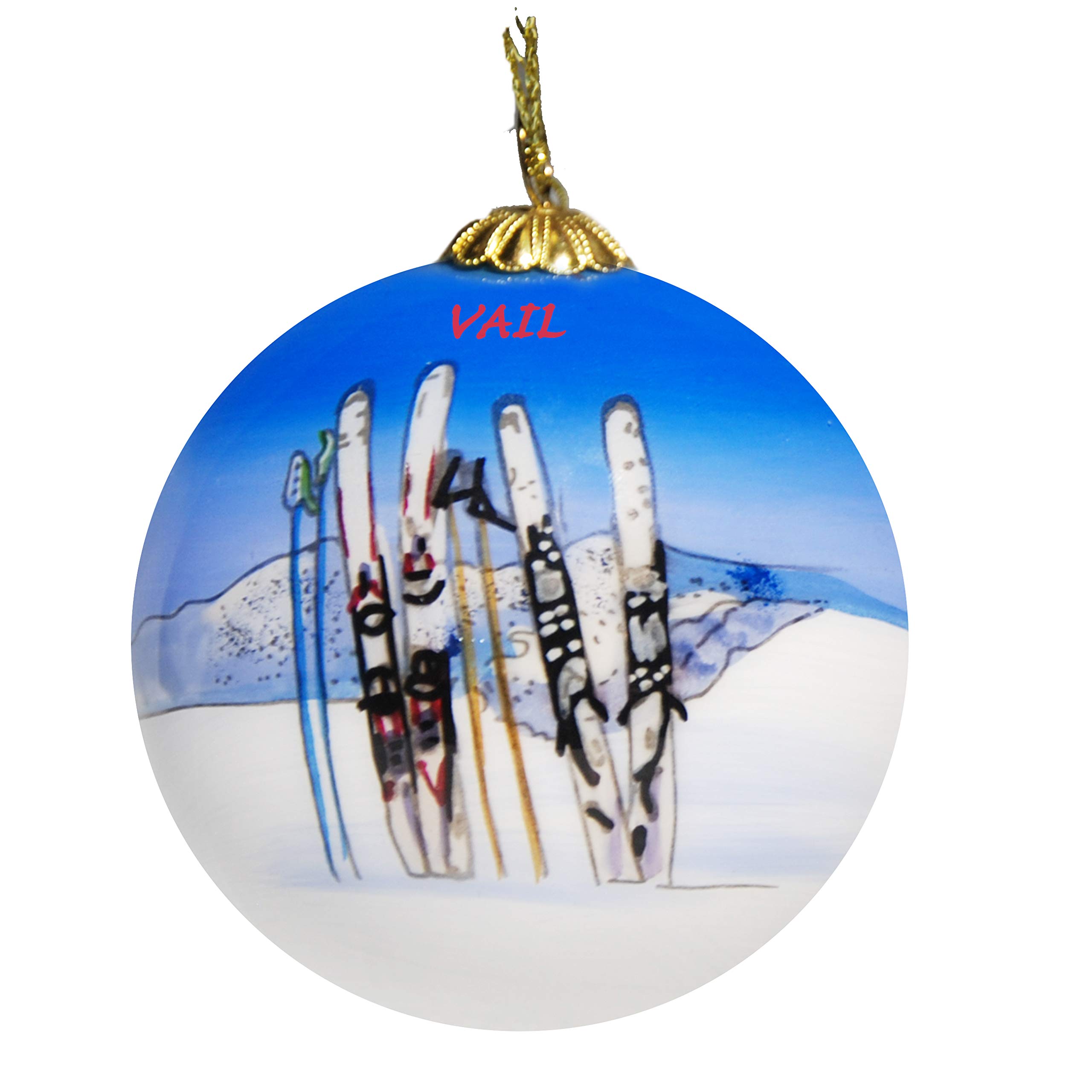 Art Studio Company Hand Painted Glass Christmas Ornament - Skis & Poles in Snow Vail
