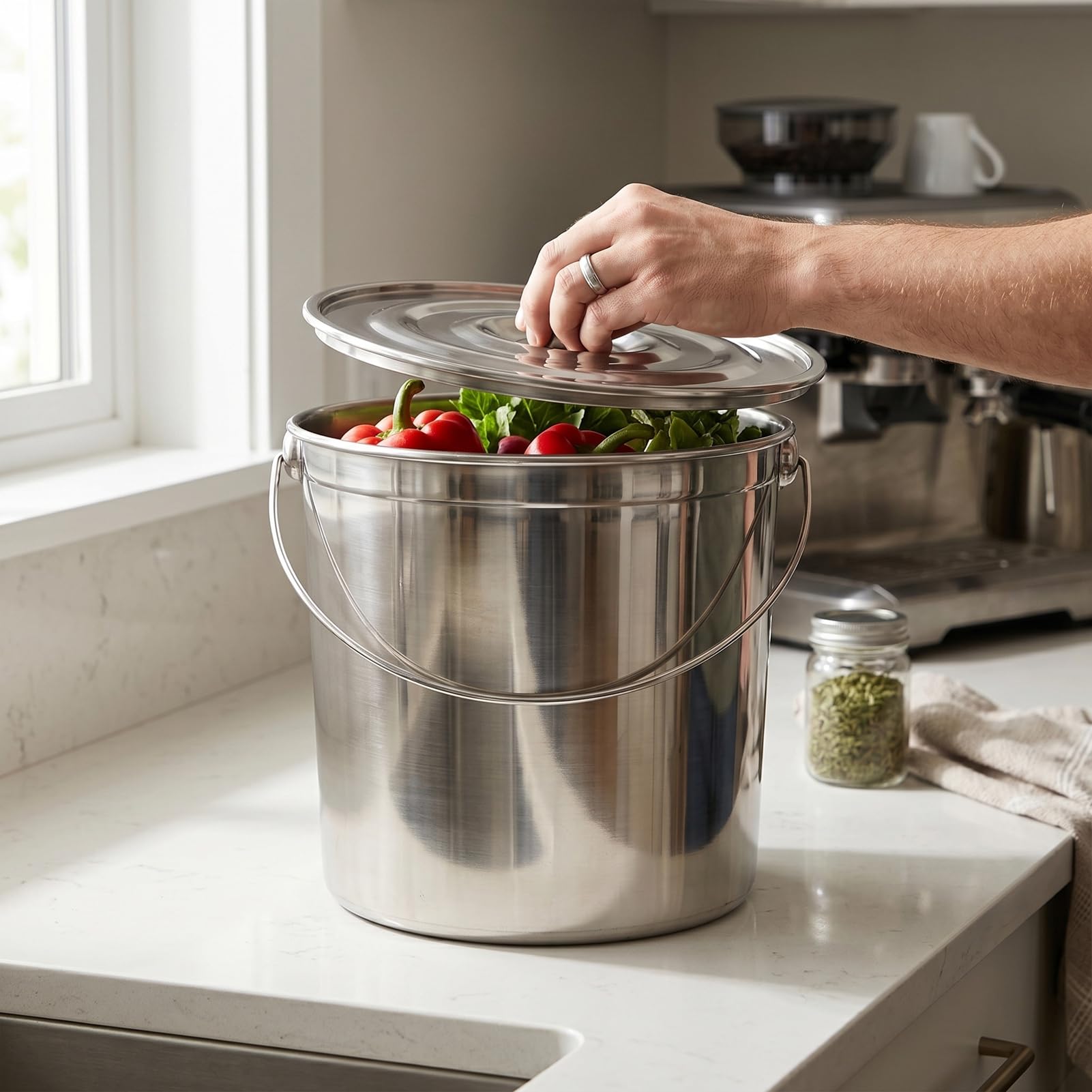 Seau en acier inoxydable, poli miroir avec couvercle pour cuisine commerciale