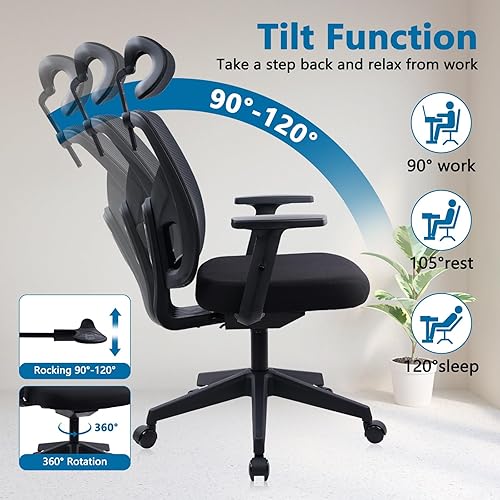 Miniatura 6 de CLATINA Silla de oficina ergonómica de malla con respaldo alto y soporte lumbar ajustable, reposacabezas 3D, reposabrazos de elevación, sillas