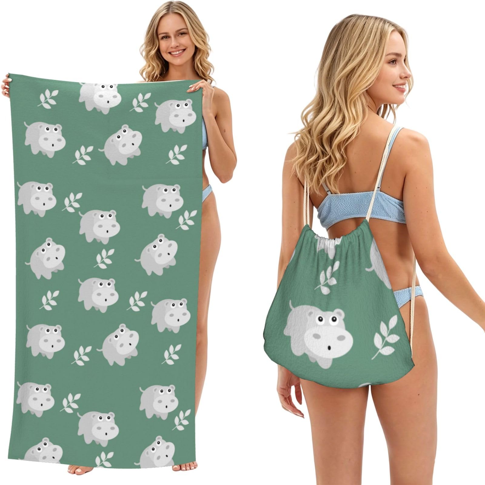 Poadnly Cute Hippo, 2 in 1 Packable Towel Bag, Beach Towels with Drawstring Backpack for Travel Holiday Camping