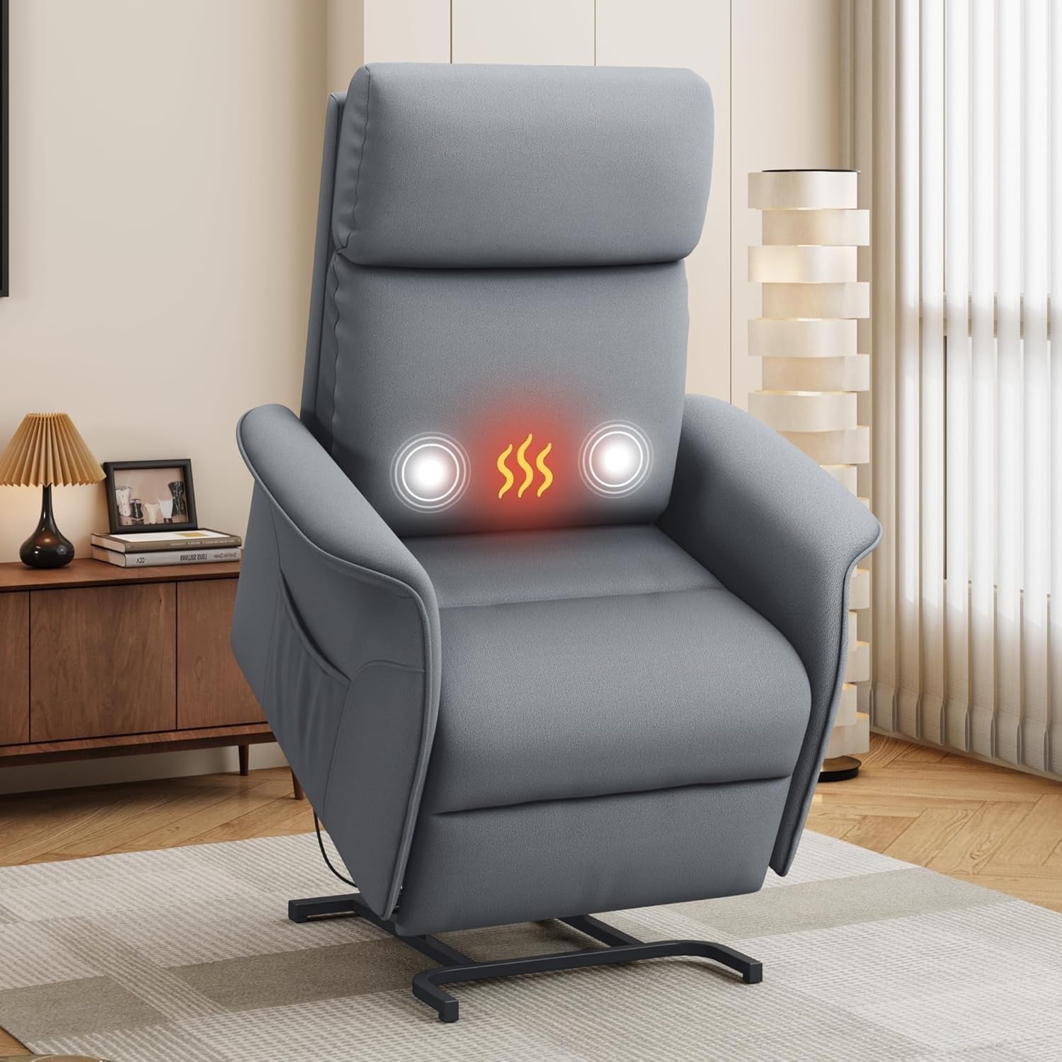 Large Wide Motor Power Lift Chair for Big and Tall, Heavy Duty Lift Recliner with Massage Heat Retractable Footrest and Side Pocket, Fabric Lift Chair Recliner for Elder