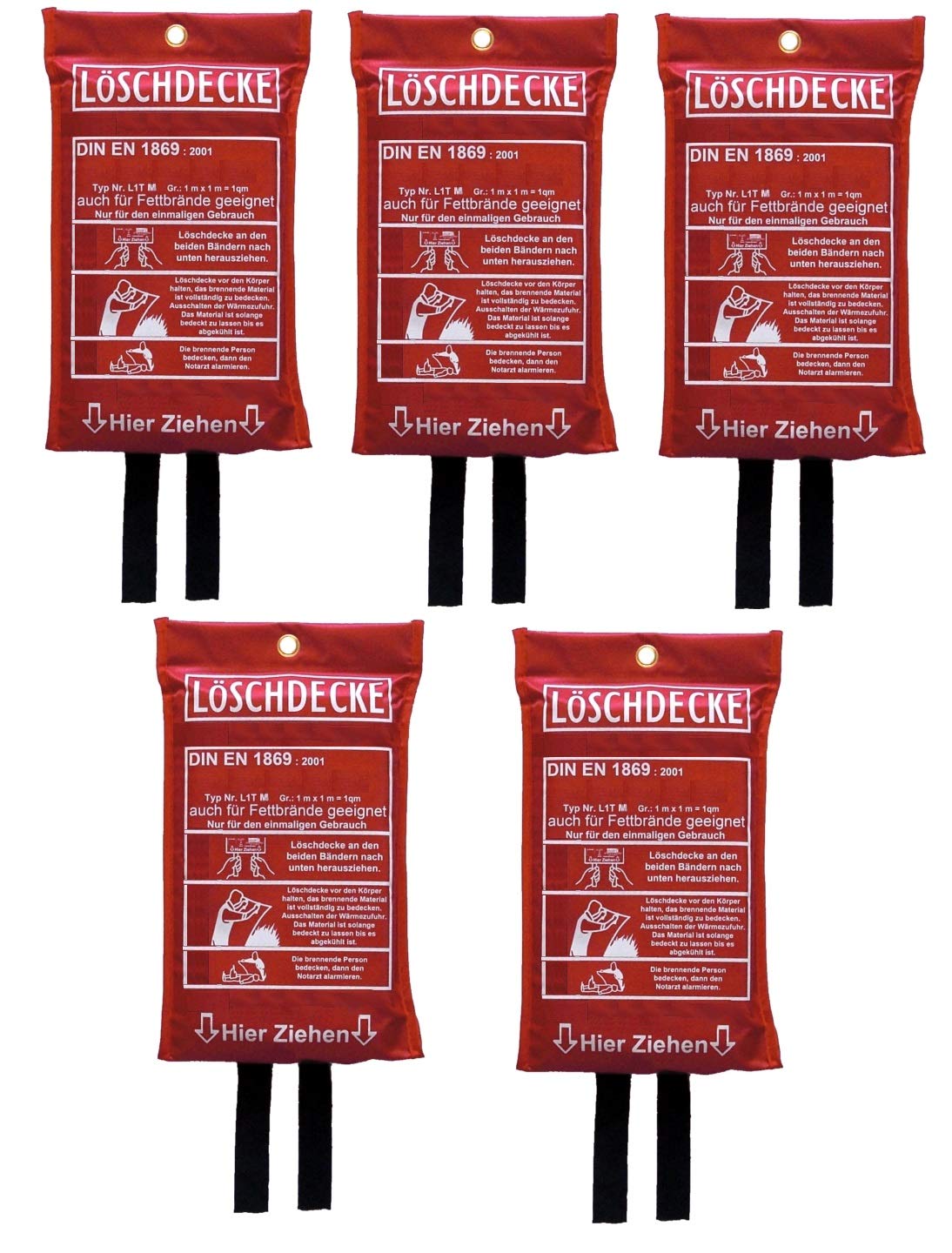 Lot de 5 couvertures anti-incendie 1 x 1 m DIN EN 1869:2001 - Convient également pour les feux de graisse, les feux de graisse, la cuisine, les extincteurs de feu de voiture, 100 x 100 cm
