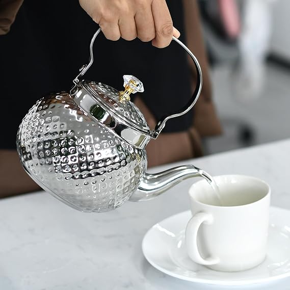Hammered Tea Pot, Stainless Steel teapot Loose Leaf Kettle for Tea, Milk, Coffee, 1.2L Teapot with Strainer Stovetop Tea Kettle, Outdoor Travel Supplies, Tea Gift Sets for Women (Silver)