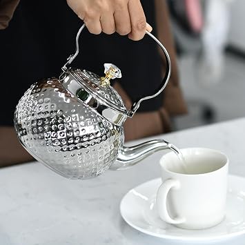 Hammered Tea Pot, Stainless Steel teapot Loose Leaf Kettle for Tea, Milk, Coffee, 1.2L Teapot with Strainer Stovetop Tea Kettle, Outdoor Travel Supplies, Tea Gift Sets for Women (Silver)