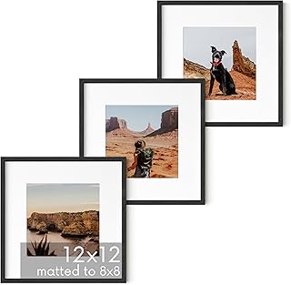 HAUS AND HUES Solid Oak Wood 12”x12” Picture Frames Matted to 8”x8” Set of 3-12 x 12 Black Frames for Gallery Wall, 12x12 Frame with Mat, Square Black Gallery Picture Frames 12x12