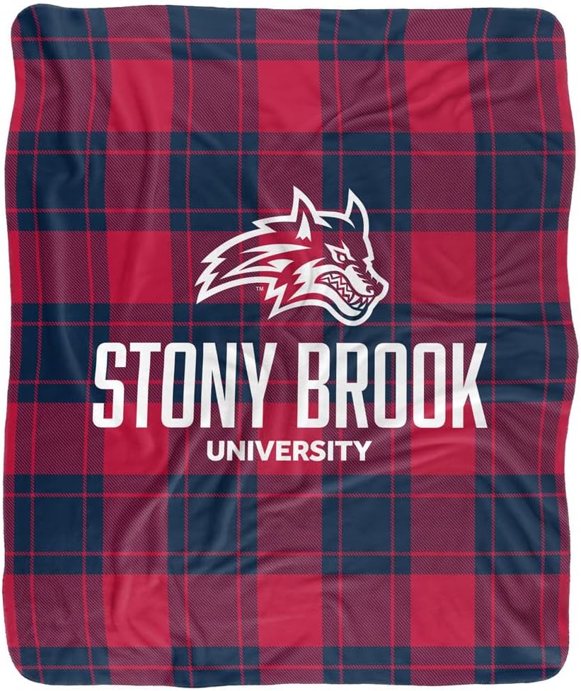 LOGOVISION Stony Brook University Campus Plaid Spirit Silky Touch Sherpa Back Super Soft Throw Blanket 50"x60"
