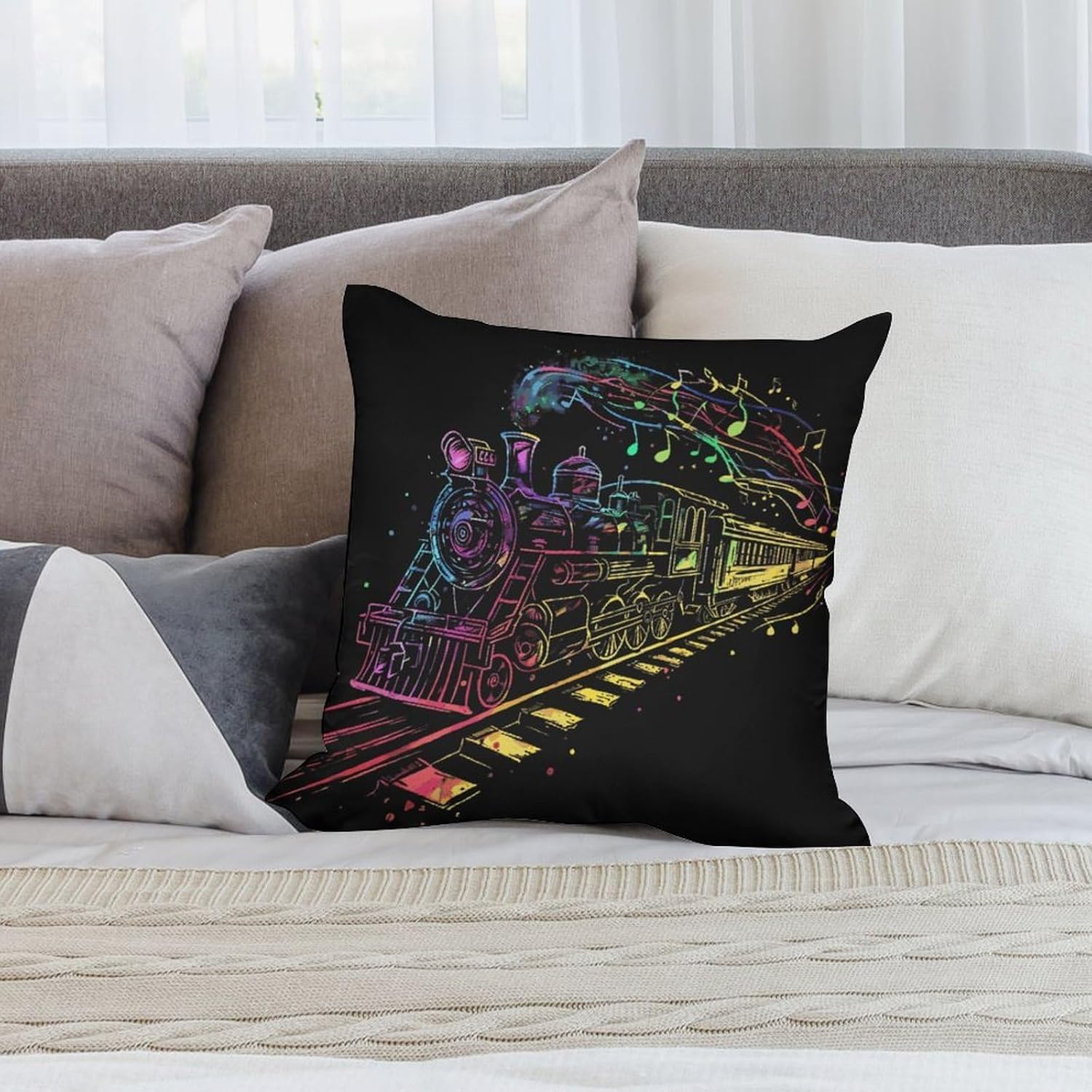 Music Notes Rainbow Steam Train Printed Throw Pillow Case 4 Pcs Soft Pillowcases Pillows Covers Sofa Bed Decor 12/14/16/17/18/20/22/24/32 Inches