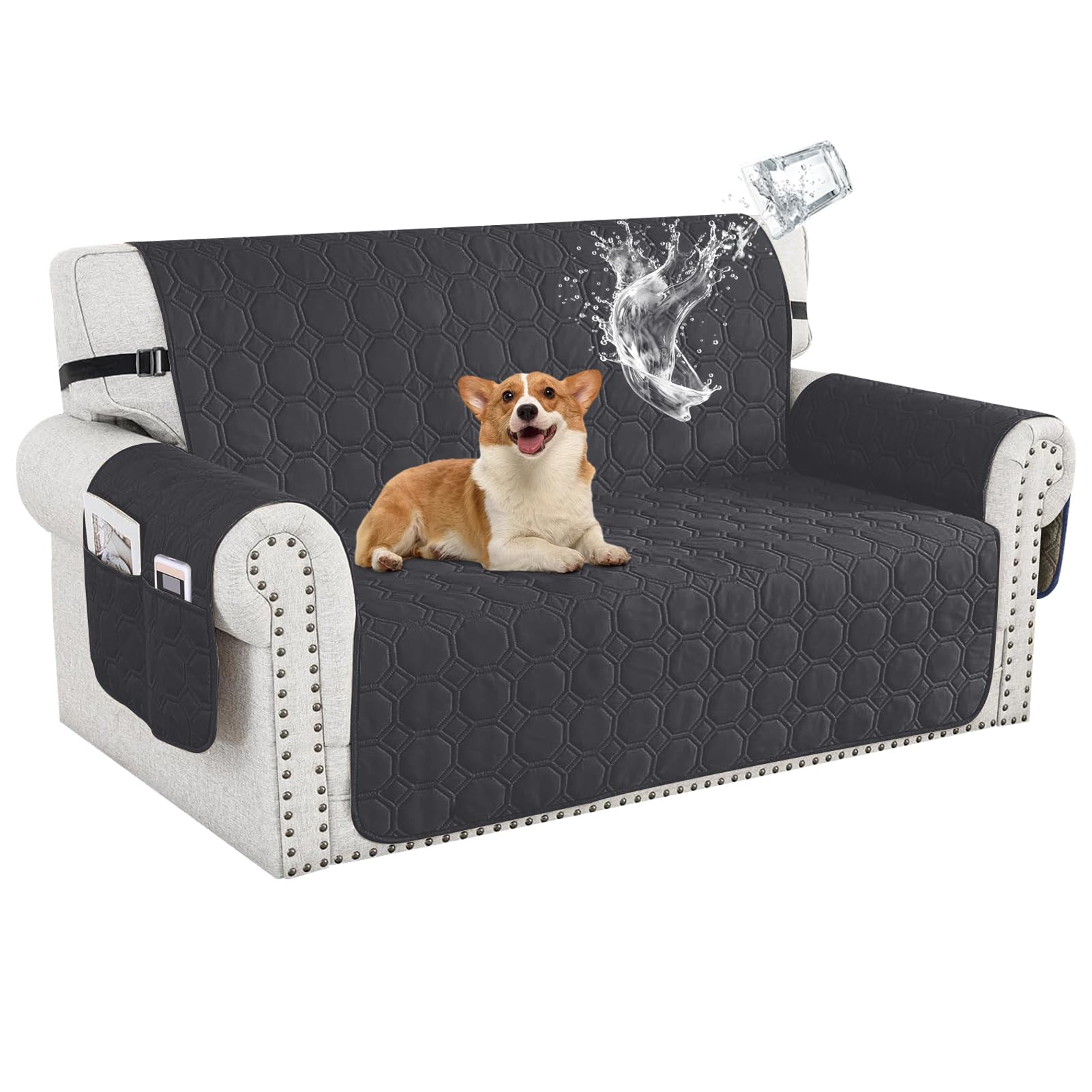 100% Waterproof Sofa Covers for Pets, Non Slip Sofa Slipcovers Couch Cover for Living Room Washable Pet Couch Cover with Elastic Straps Furniture Protector (Black,2 Seater)