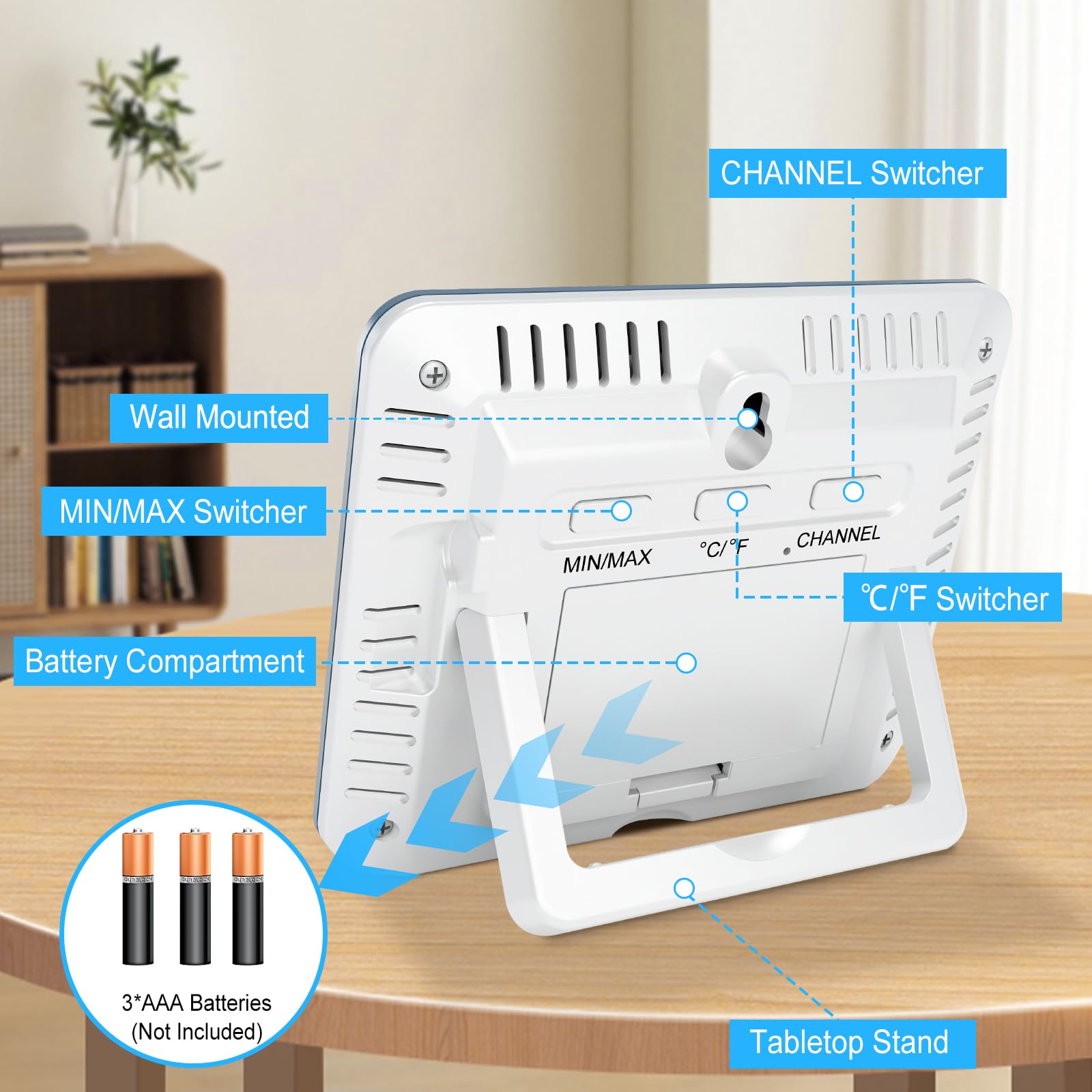 Urageuxy Thermomètre d'intérieur et d'extérieur sans fil avec moniteur de température et d'humidité Hygromètre numérique avec 3 capteurs à distance, enregistrement min/max, interrupteur ℃/℉