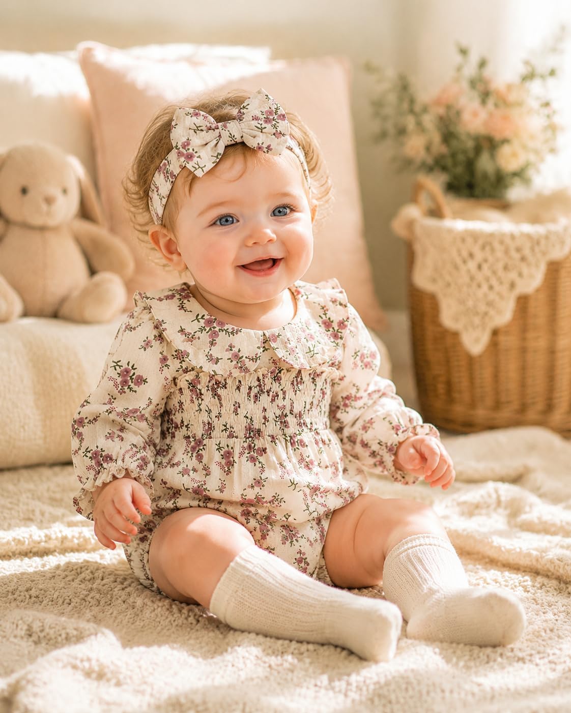 Renotemy Baby Girl Clothes Fall Winter Outfits Smocked Romper Preemie-18M