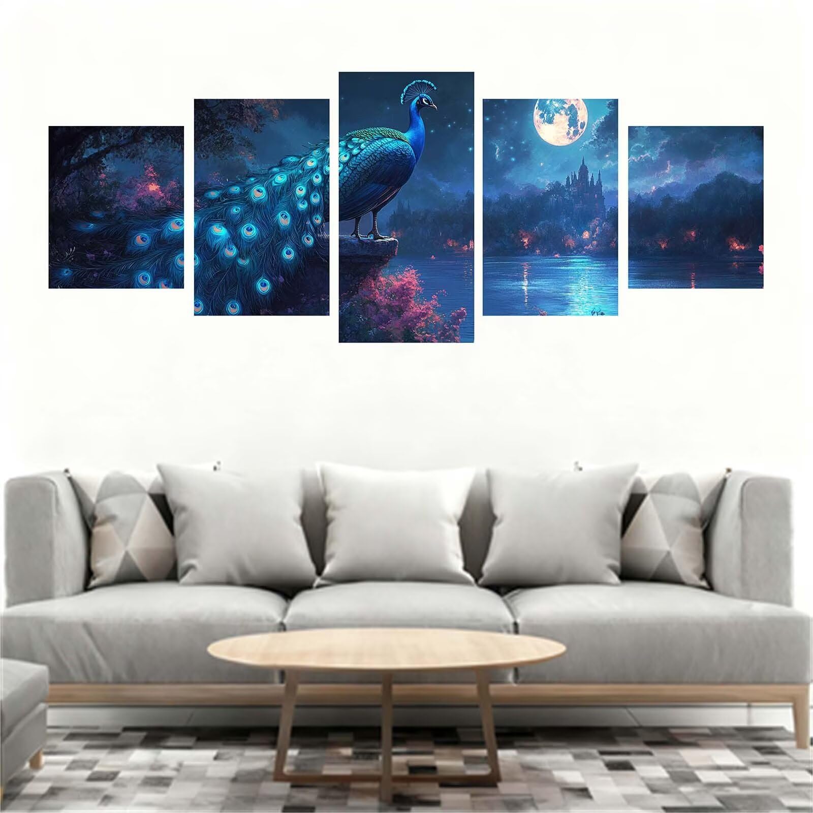 5D diamentowe malowanie księżyc 5 sztuk paw diamentowe malowanie pełny zestaw, DIY puzzle malowanie diamentami haft krzyżykowy farba według numerów diamenty kryształowe sztuka do dekoracji domu 300 x