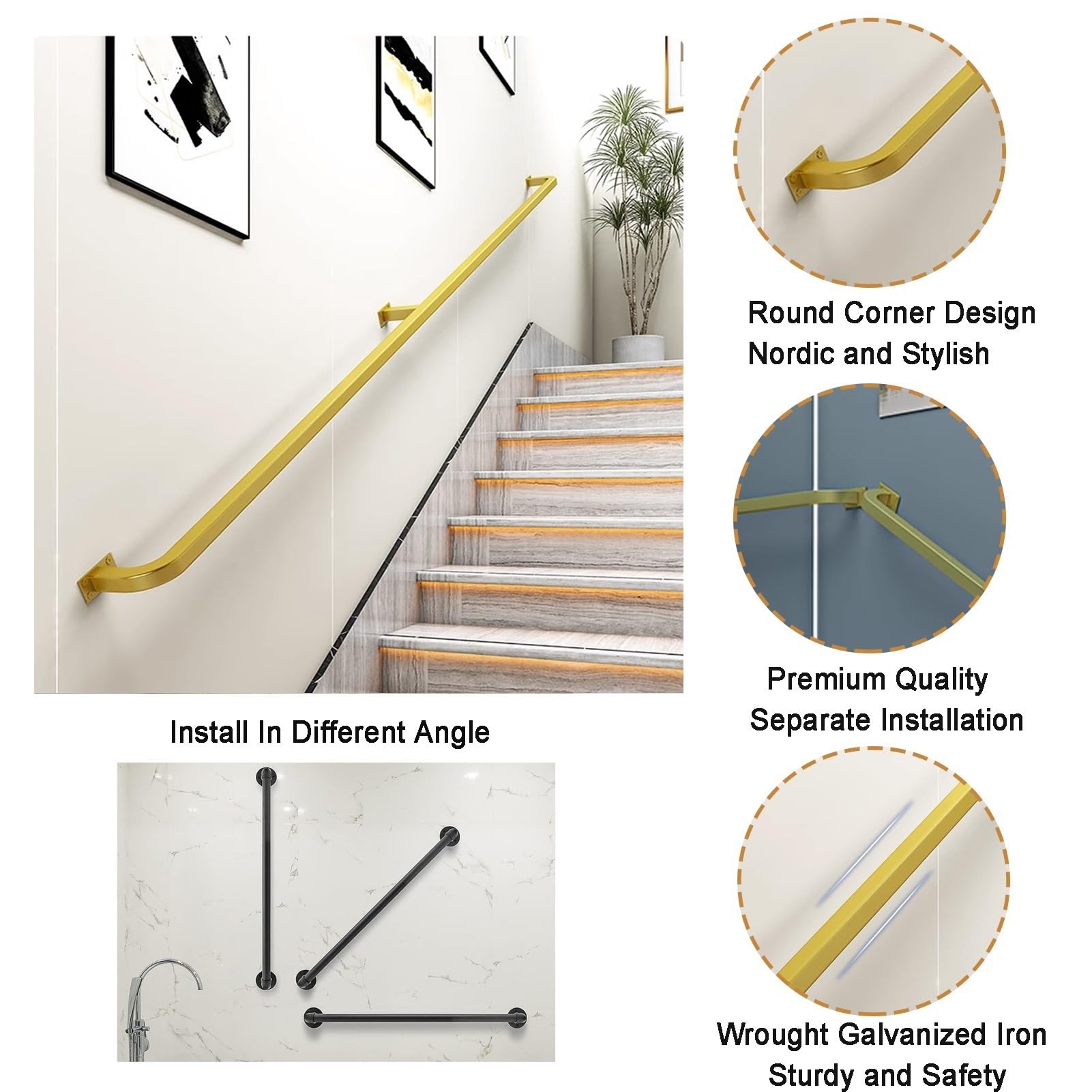 1–20Fuß Treppenhandlauf, goldener Treppenhandlauf Stufen, an der Wand montierter Treppenhandlauf, verzinktes Eisen, Treppengeländer Haltegriff, Geländer im Industriestil, Sicherheits-Terrassengeländer