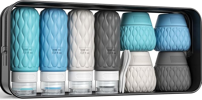 Kit de frascos e potes de silicone para viagem Lericttor, 4 frascos de 100 mL e 4 potes de 50 mL, com bolsa e acessórios