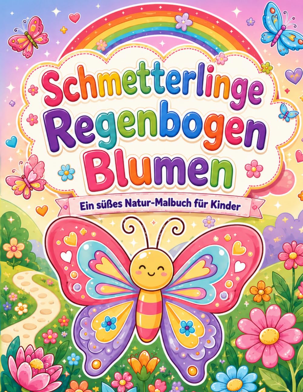 Schmetterlinge Regenbogen Blumen: Ein süßes Natur-Malbuch für Kinder mit Schmetterlingen, Regenbögen, Blumen, fröhlichen Gartenszenen, einfachen Motiven und einseitig bedruckten Ausmalbildern