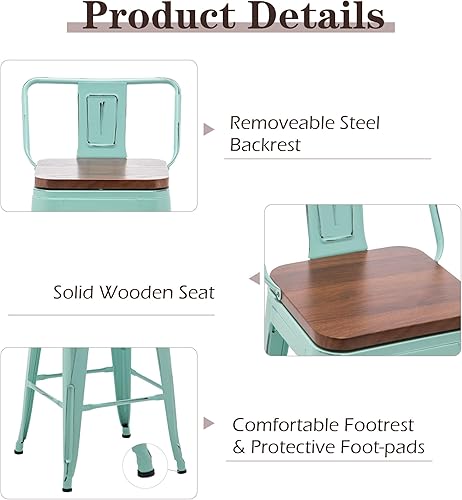 Miniatura 6 de Juego de 4 taburetes de bar de 24 pulgadas, taburetes de bar giratorios de metal con respaldo, color azul