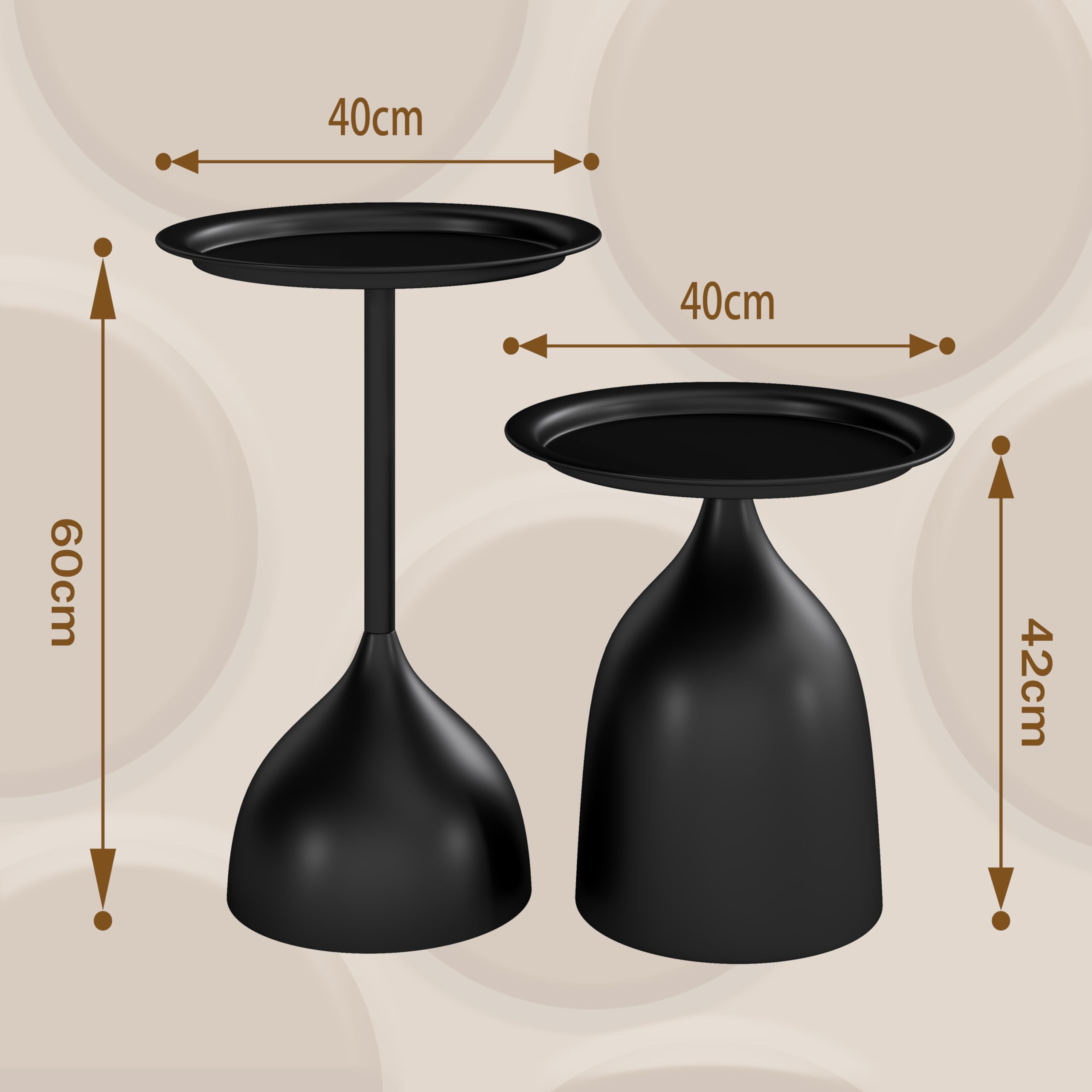 hitsuki Lot de 2 Tables Basses Gigognes, Noir Table d'appoint Rondes en Métal, Petite Table Décoration Intérieure, 40x60 cm + 40x42 cm