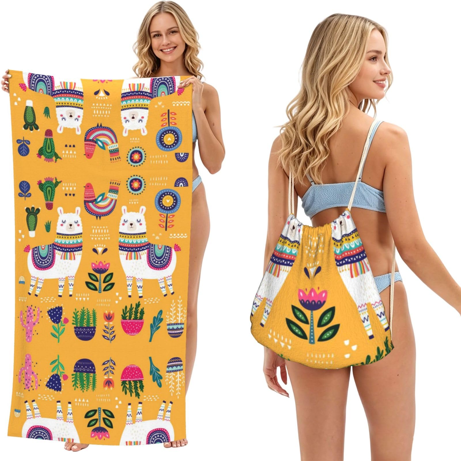 ESNAIUVCD Cartoon Alpaca Cute Animal Print Beach Towel For Adults,Towel With Drawstring Bag, Travel Pool Swimming Sports Shower Sand Free Quick Dry Bath Towel For Pool, Beach, Yoga- 180x60cm
