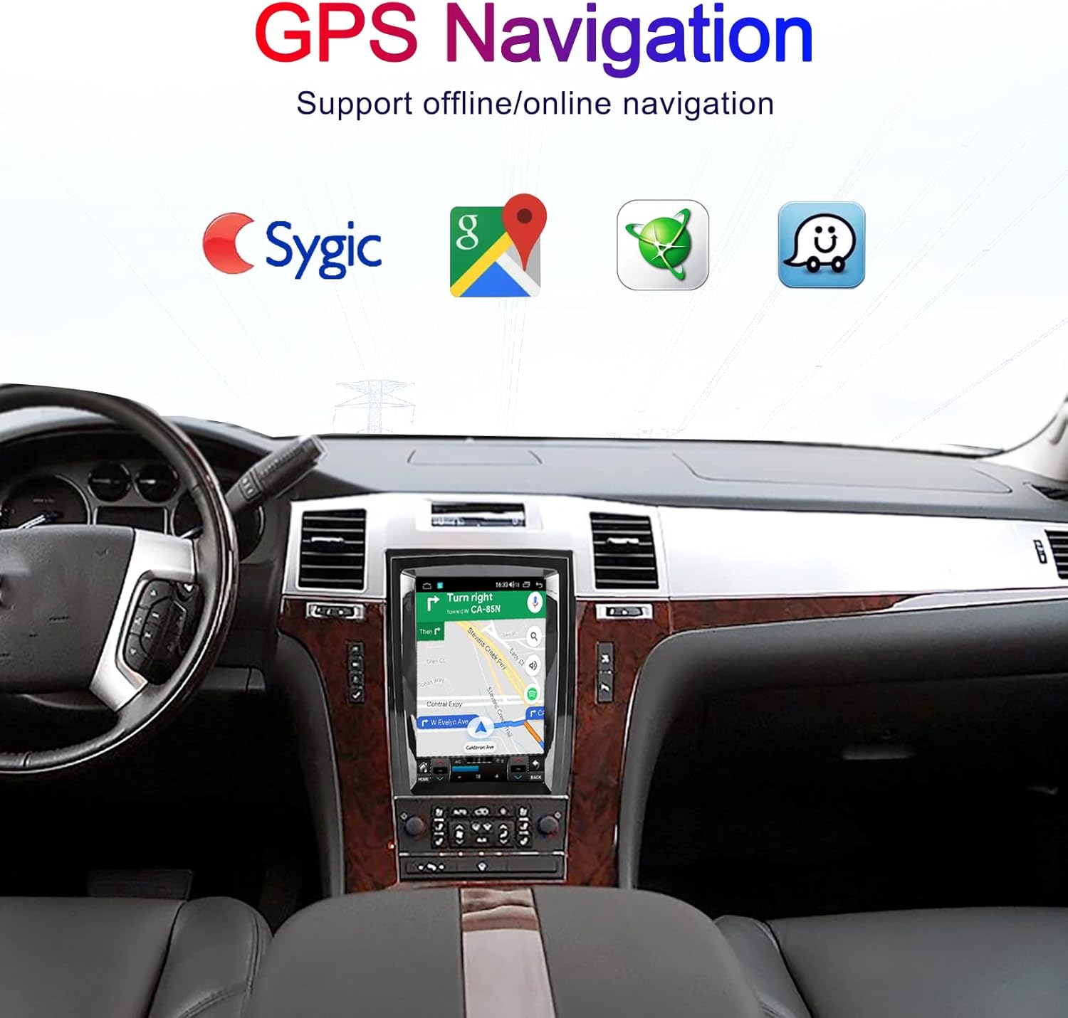 GPS Navigation with Sygic, Google Maps, and Waze icons