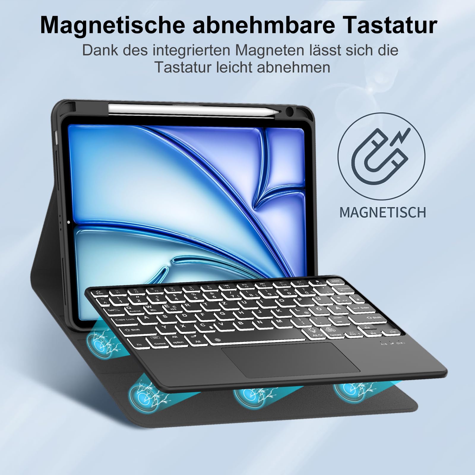 Custodia con tastiera per iPad Air 11" M4/M3/M2 (2024-2026), touchpad/illuminazione | Custodia con portapenne, tastiera QWERTZ Bluetooth magnetica per iPad Air 8/7/6. generazione 11 pollici M4/M3/M2