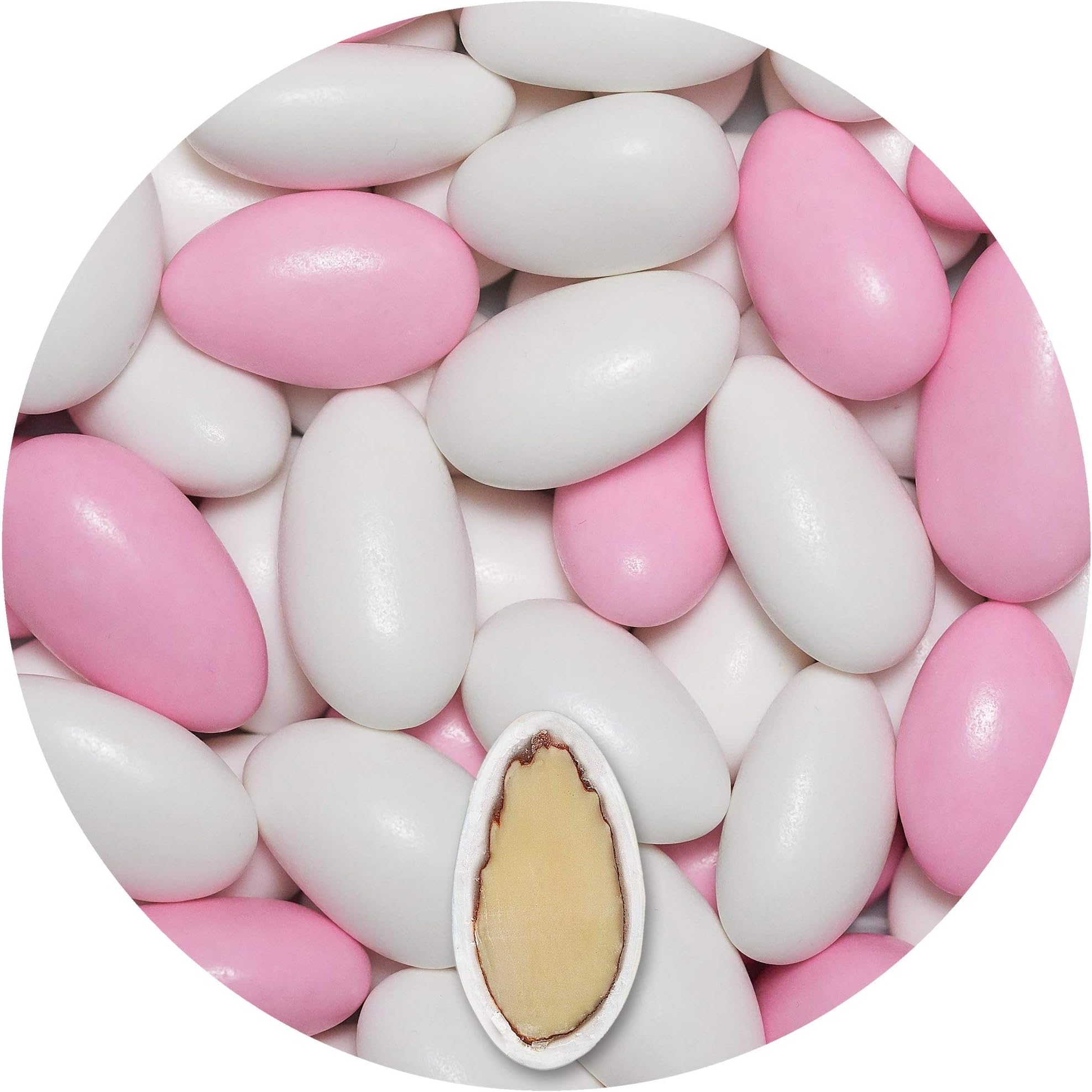 EinsSein Sugared Almonds Gracile white & light pink glossy 1kg | 300 pieces Sugar Candy Coated Jordan Almond | Dragees for Weddings Baptism & Party Favors (Gift Box Fillers) | Wedding Favours
