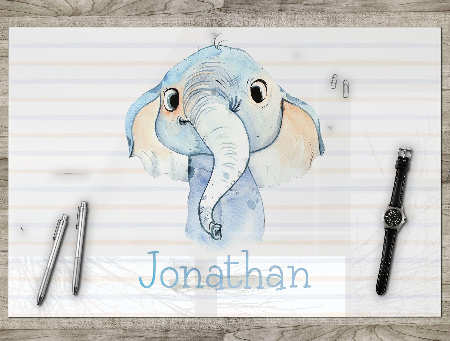 Schreibtischunterlage personalisiert mit Namen | wasserfeste Schreibunterlage, abwischbar, glatt | stabiles, hochwertiges Acrylglas, Kinder Kunststoff Tiere | 80x60cm 03- Elefant